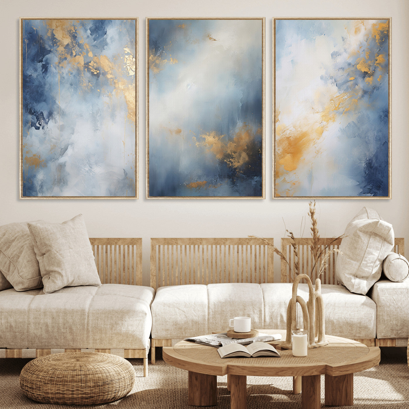 41836-MGV-CV-36X24-Abstract Gold Wall Art Canvas Print, Framed Blue Layers Art Picture Print, Elegant Cloud Perfect Elegant Minimalist Decor Artwork