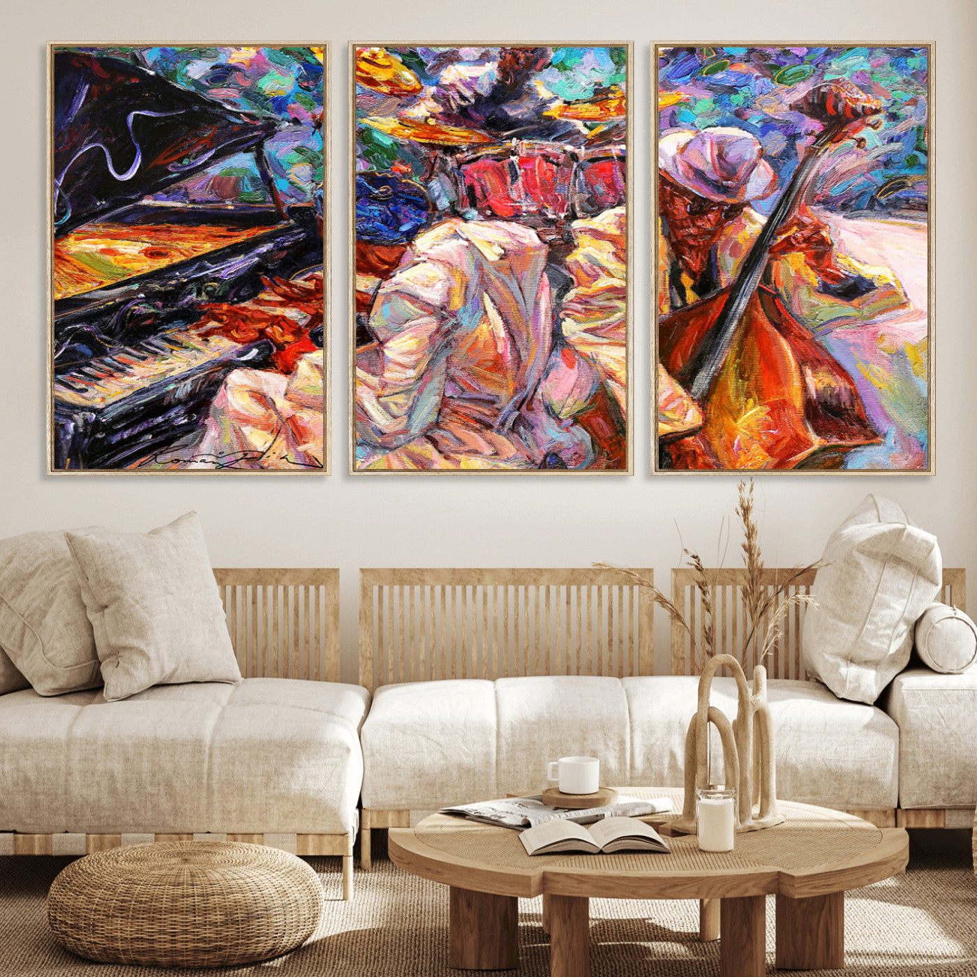 13675-MGV-FC-60X30-3P_Natural-Jazz Band Wall Art Canvas Print, Framed Jazz Oil Painting Art Picture Print, Vibrant Music Perfect Abstract Musical Decor Artwork