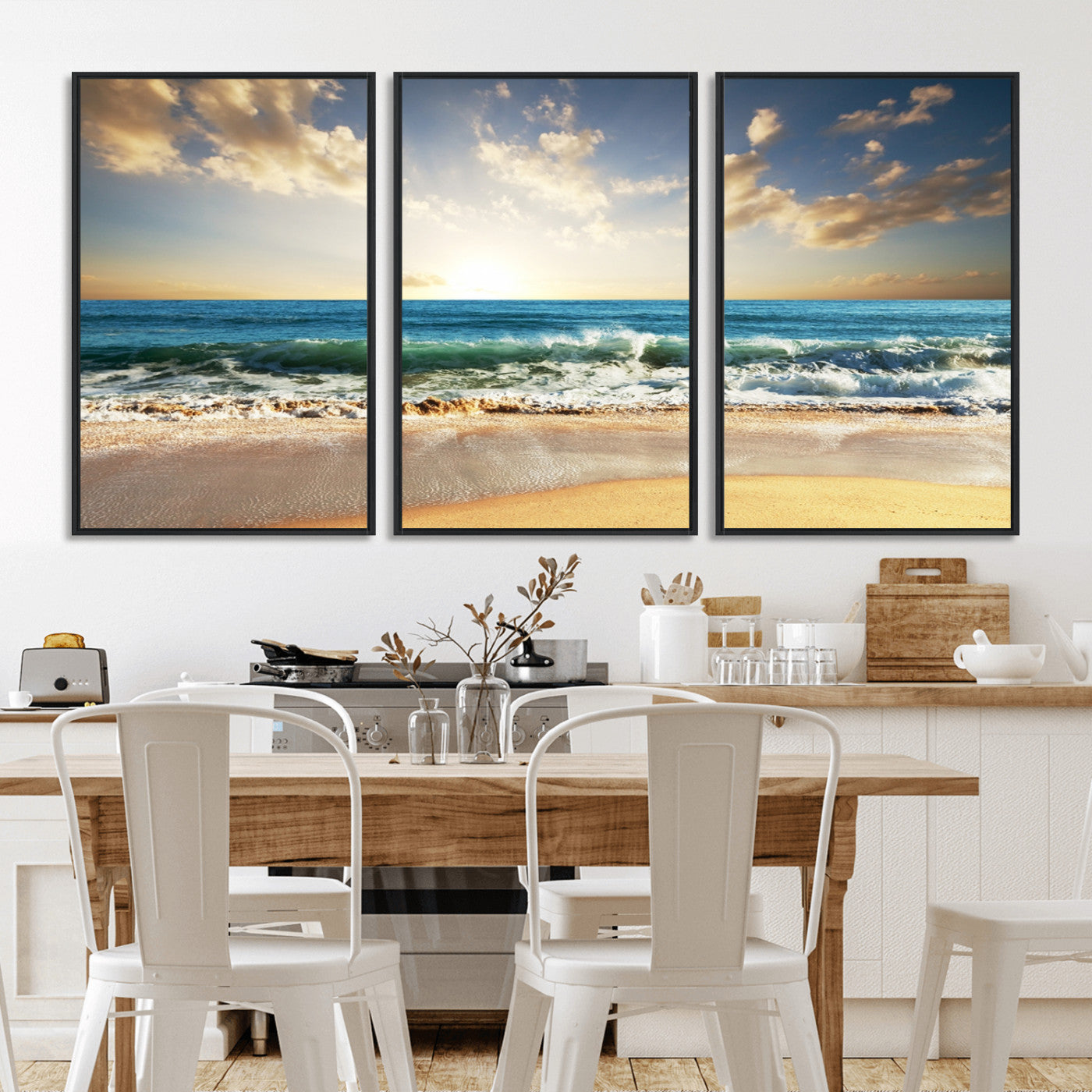 13139-MGV-CV-36X24-Sunrise Beach Wall Art – Ocean Waves and Golden Sand Canvas Print, Coastal Home Decor for Living Room, Bedroom, or Office