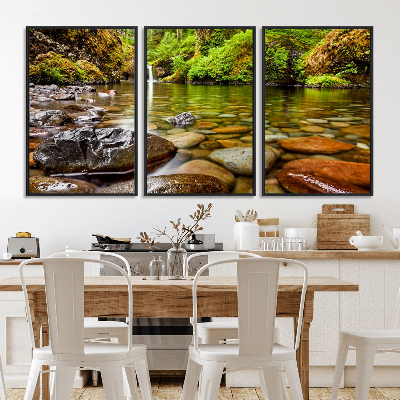 98096-MGV-CV-36X24-Serene River Waterfall Nature Photo – Calm Clear Water, Vibrant Green Forest and Smooth Stones Landscape Wall Art for Home or