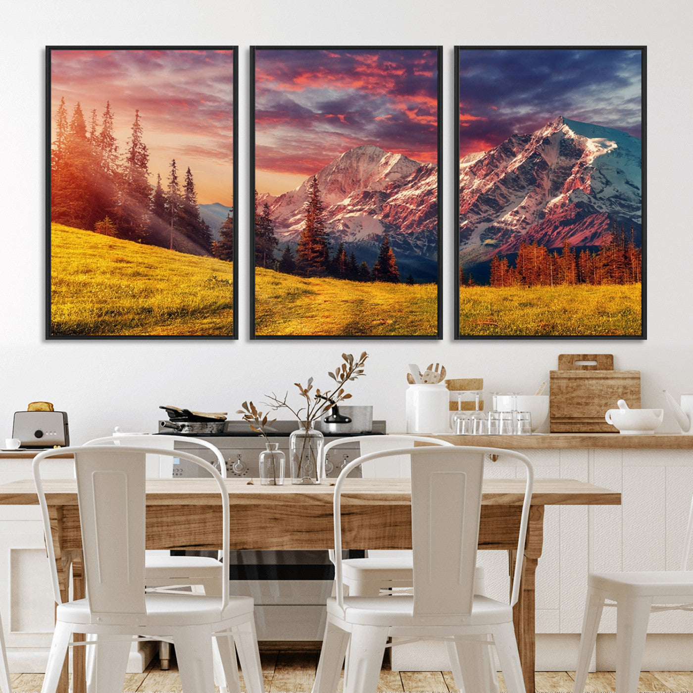 83947-MGV-FC-60X30-3P_Black-Sunset Mountain Landscape Wall Art – Panoramic Alpine Meadow and Snow Capped Peaks Canvas Print, Nature Scenic Decor for Home,