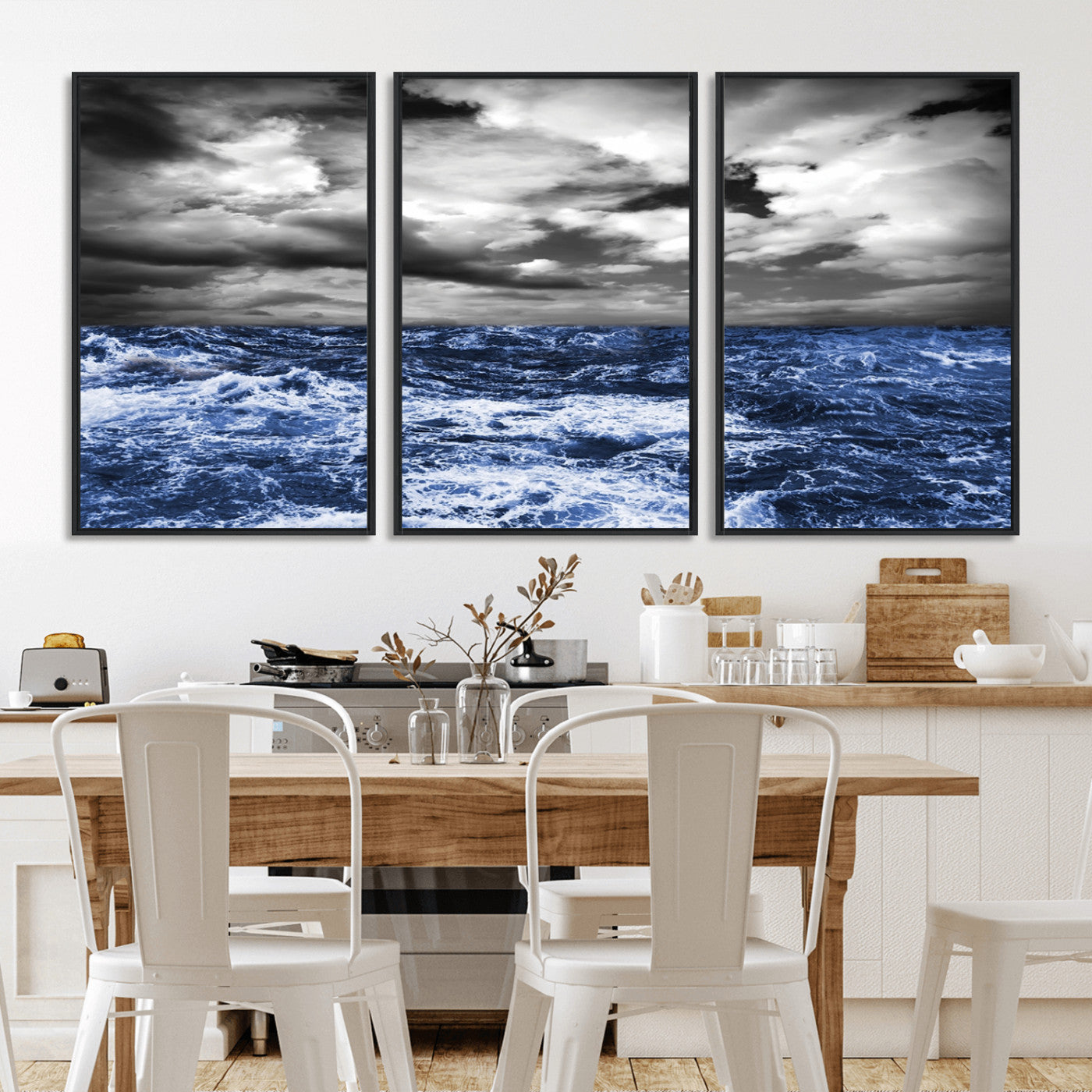 36012-MGV-CV-36X24-Dramatic Stormy Ocean Waves Black and White with Deep Blue Highlights – Moody Seascape Wall Art, Nature Photography Print for Home