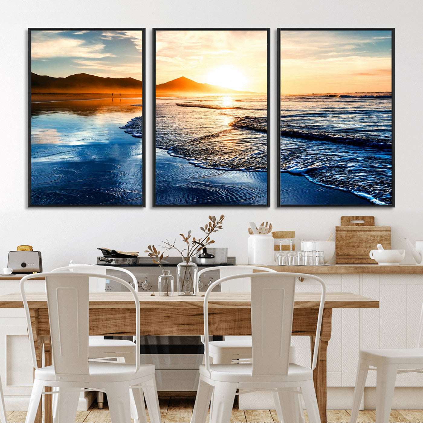 86173-MGV-CV-36X24-Golden Sunset Beach Wall Art – Reflective Ocean Canvas Print with Mountains and Waves, Coastal Nature Decor for Living Room,