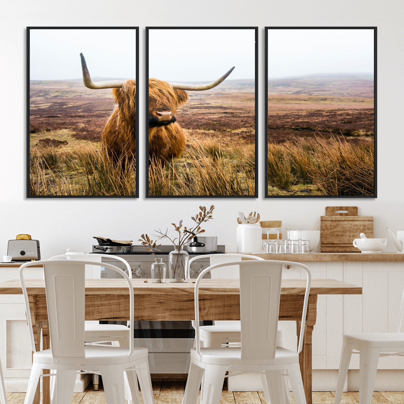 79391-MGV-CV-36X24-Majestic Highland Cow in Misty Scottish Moorland – Rustic Natural Charm, Perfect for Unique Home or Office Decor