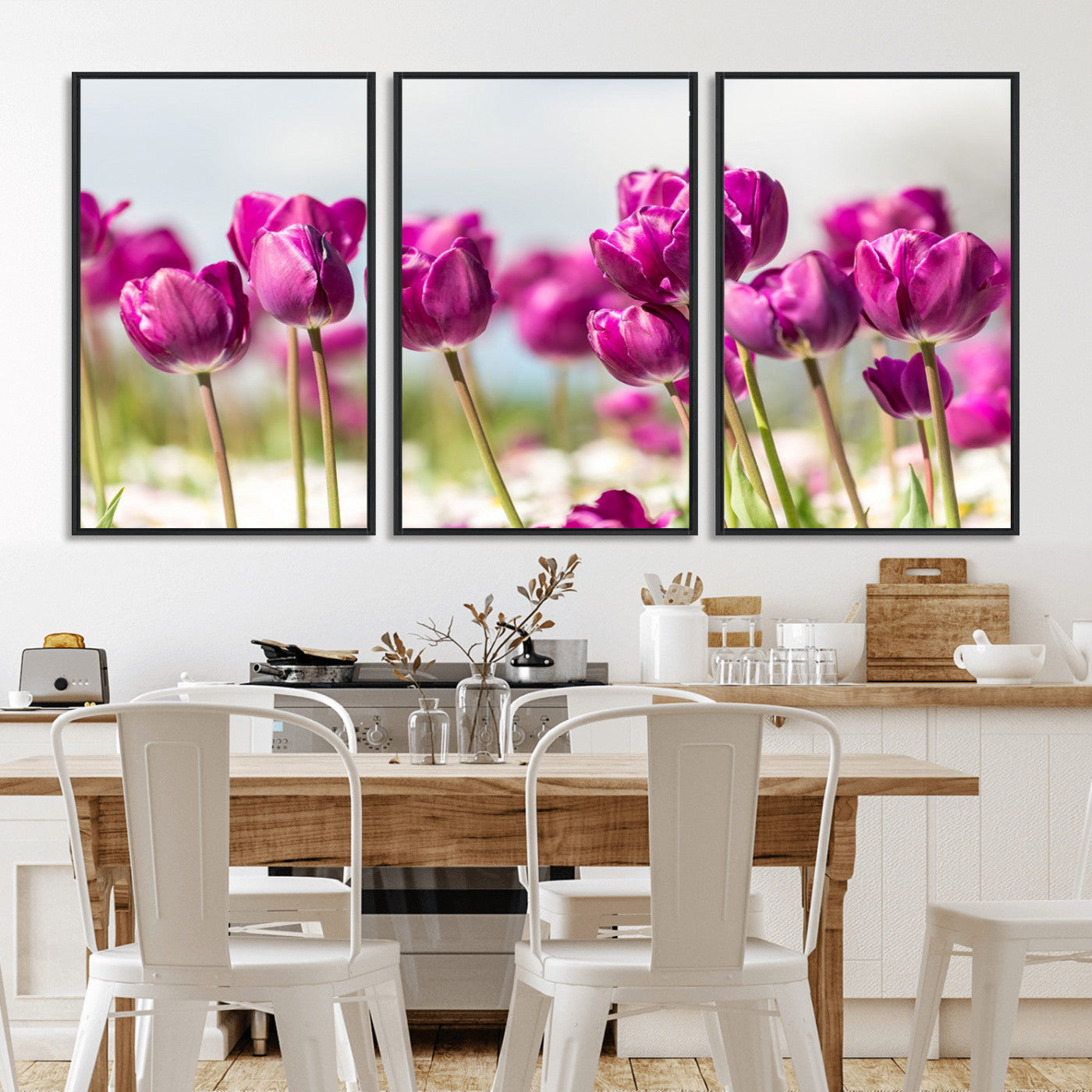 30632-MGV-CV-36X24-Purple Tulip Field Wall Art – Beautiful Spring Flowers Canvas Print with Soft Focus and Bright Sky, Ideal Floral Decor for Home or