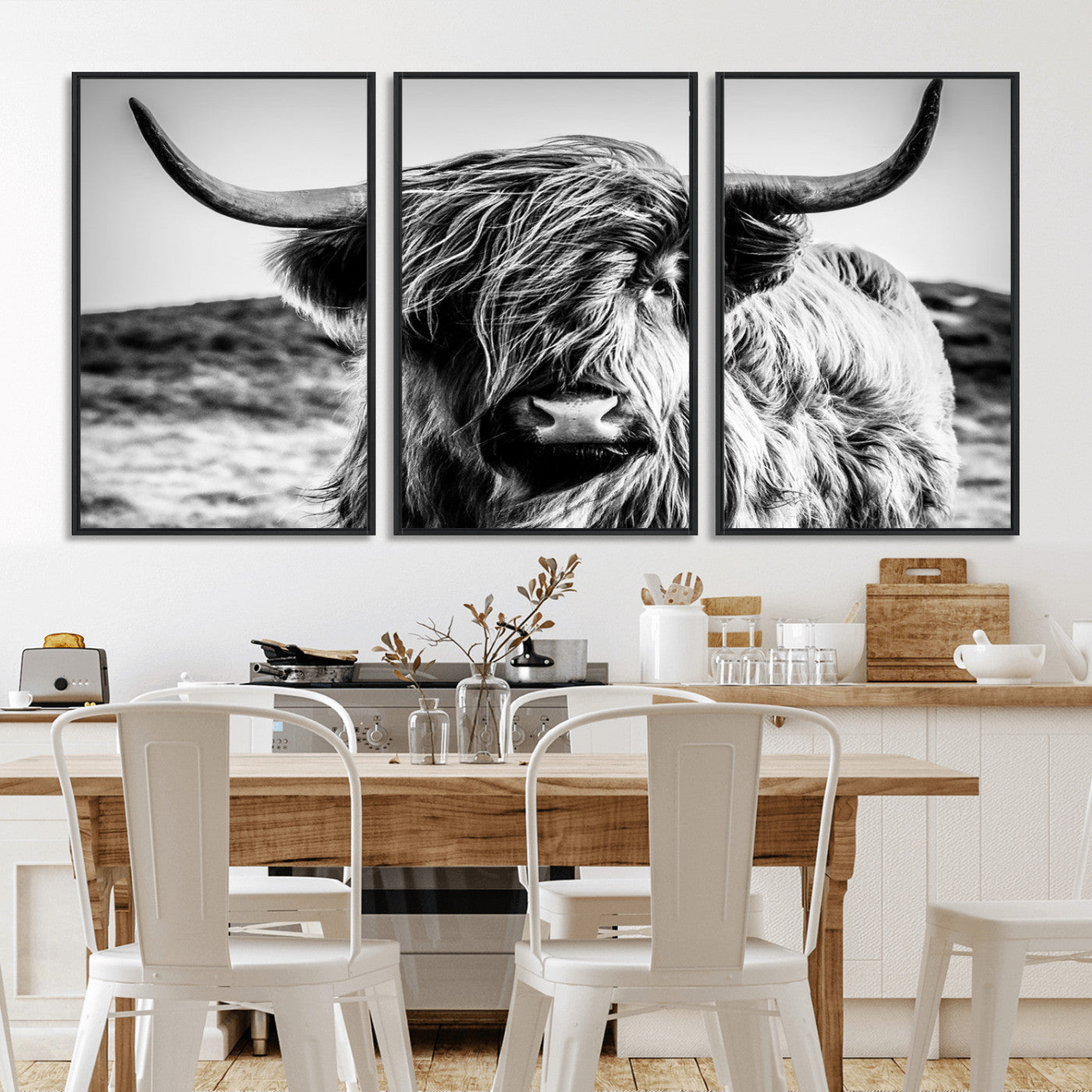 36979-MGV-CV-36X24-Striking black-and-white portrait of a Highland cow with flowing fur and majestic horns, perfect for rustic and elegant home or