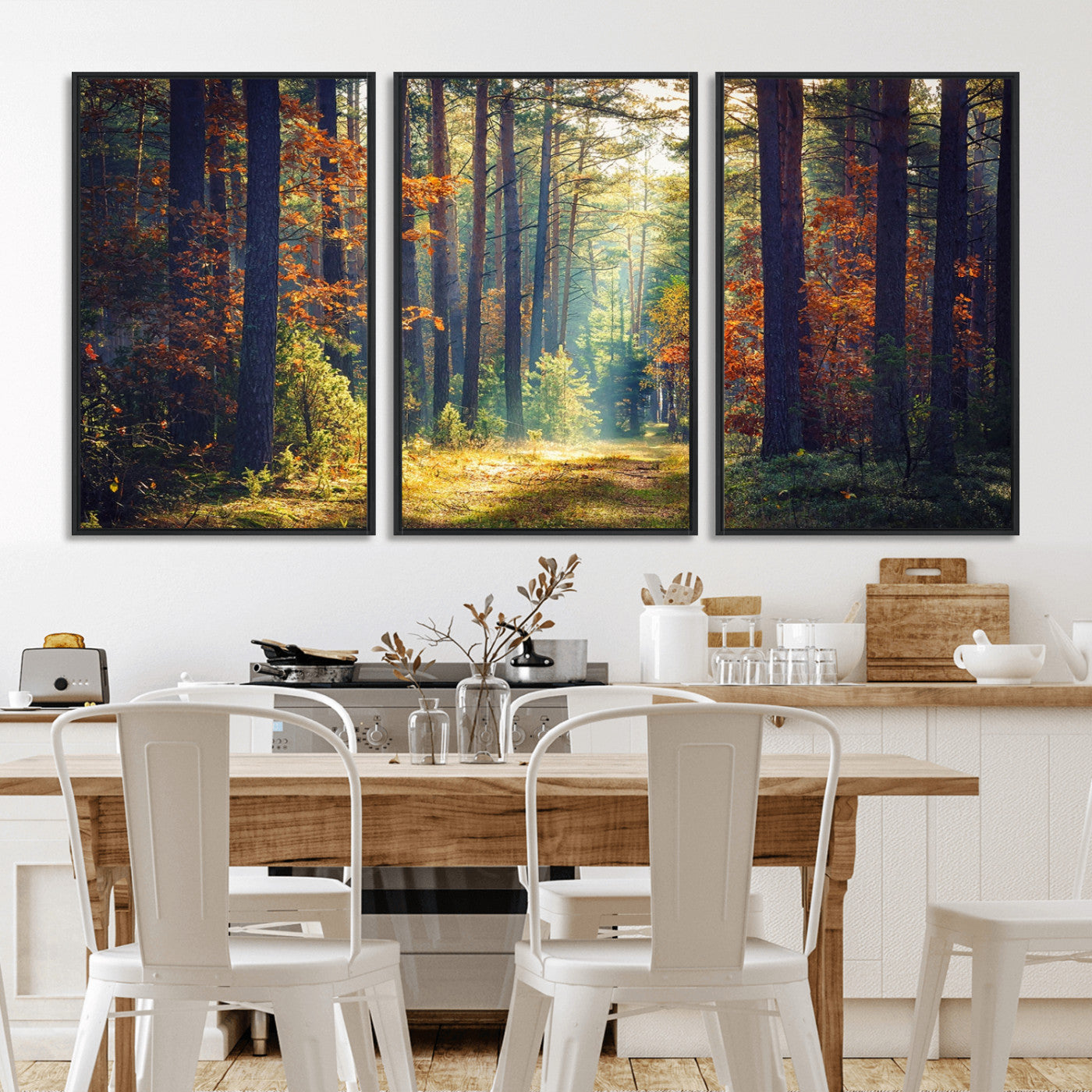 86249-MGV-FC-60X30-3P_Black-Sunlit Autumn Forest Path Wall Art – Peaceful Nature Scene with Fall Foliage, Calming Woods Decor for Home or Office