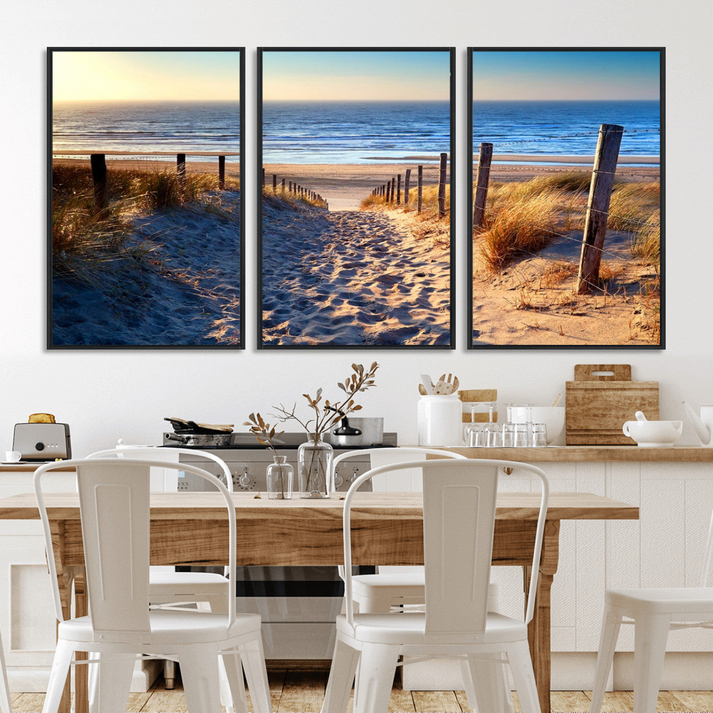 31889-MGV-FC-60X30-3P_Black-Sandy Beach Pathway Wall Art – Coastal Dune Fence and Ocean View Canvas Print, Relaxing Seaside Landscape Decor for Living Room or