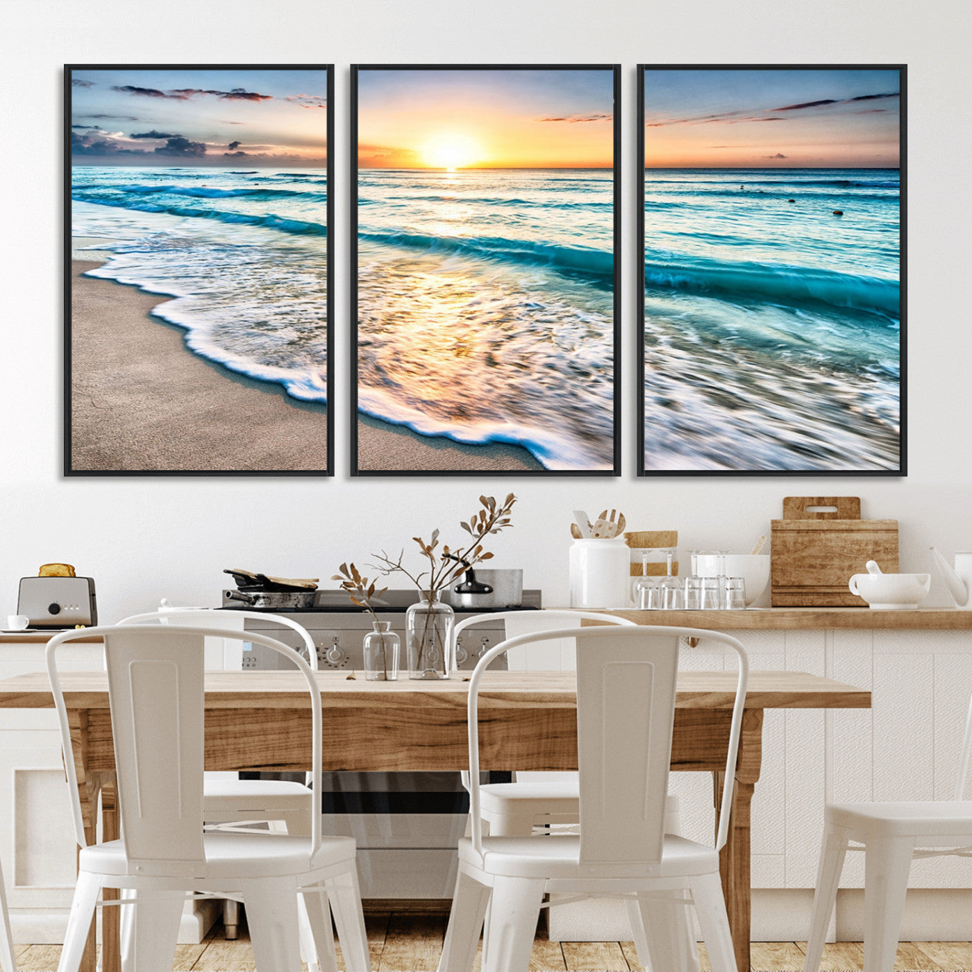 27815-MGV-FC-60X30-3P_Black-Ocean Sunrise Beach Wall Art – Serene Coastal Canvas Print with Waves and Golden Morning Light, Relaxing Seascape Decor for