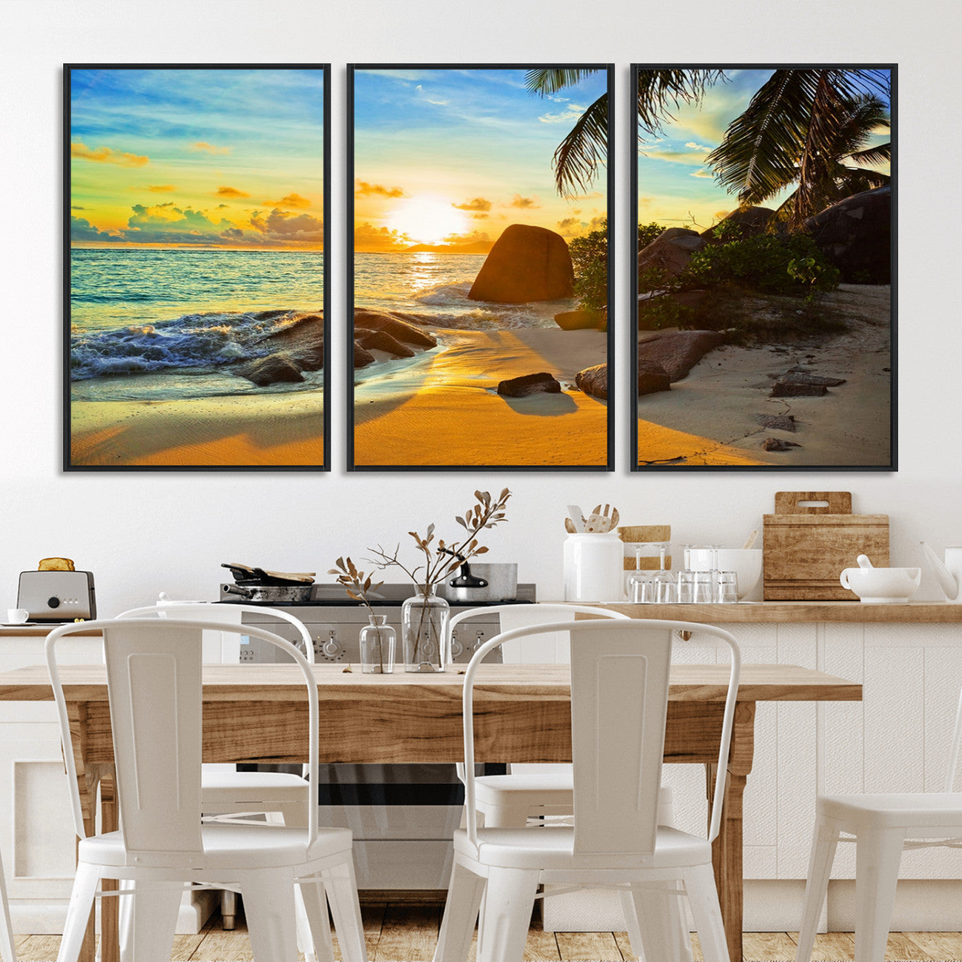 26181-MGV-FC-60X30-3P_Black-Golden Tropical Sunset Beach Wall Art – Ocean Canvas Print with Palm Trees and Rocks, Coastal Paradise Decor for Living Room or