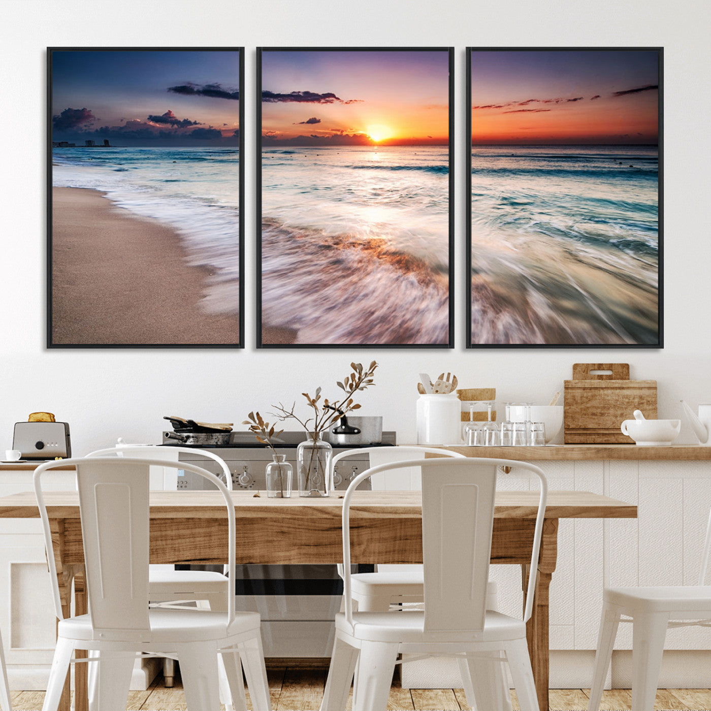 99906-MGV-FC-60X30-3P_Black-Morning Tide Canvas Print – Soft Sunrise Ocean Waves Wall Art, Coastal Serenity Decor for Home & Office