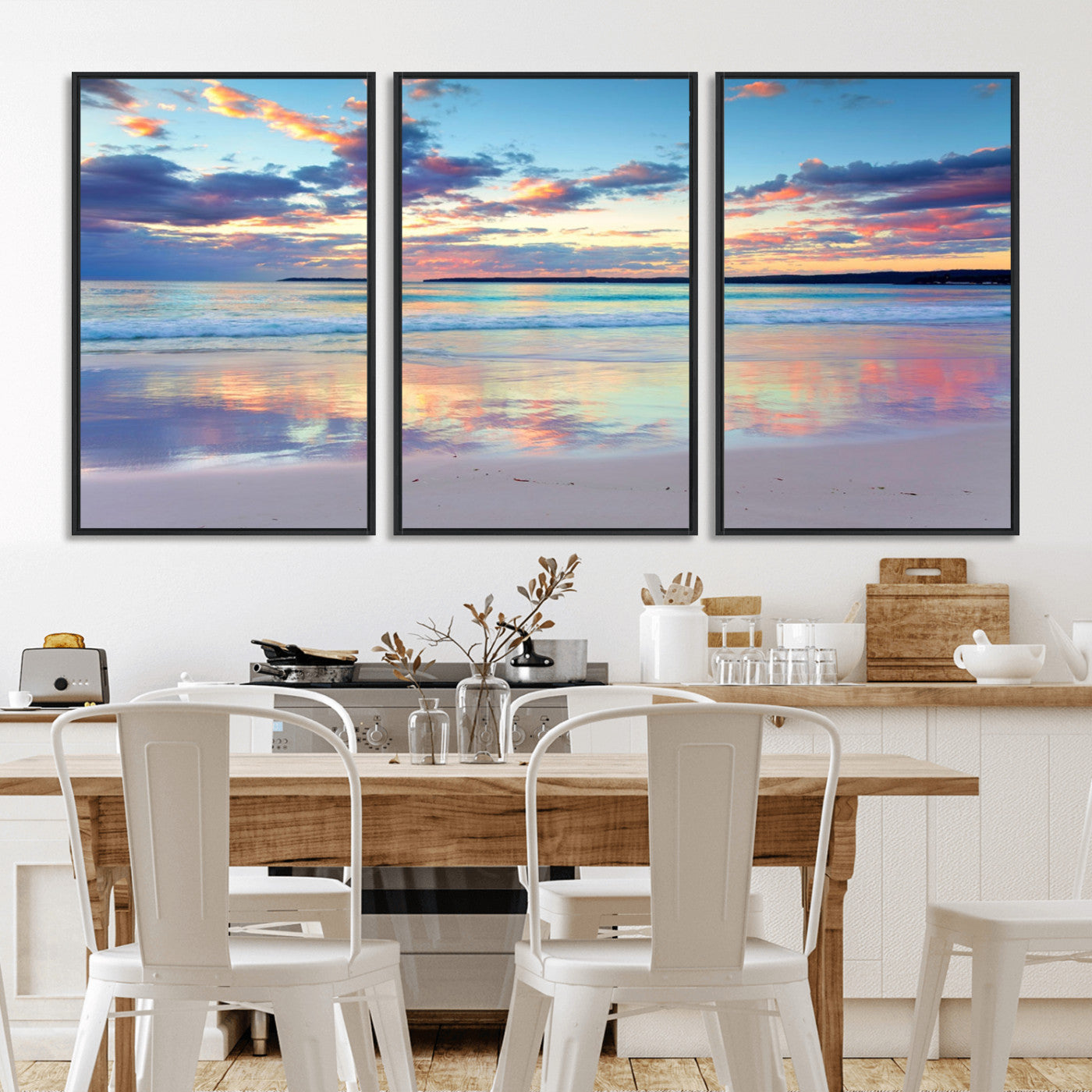 56723-MGV-FC-60X30-3P_Black-Serene Sunset Beach Wall Art – Panoramic Coastal Canvas Print, Peaceful Ocean Reflection Decor for Living Room, Bedroom or Office