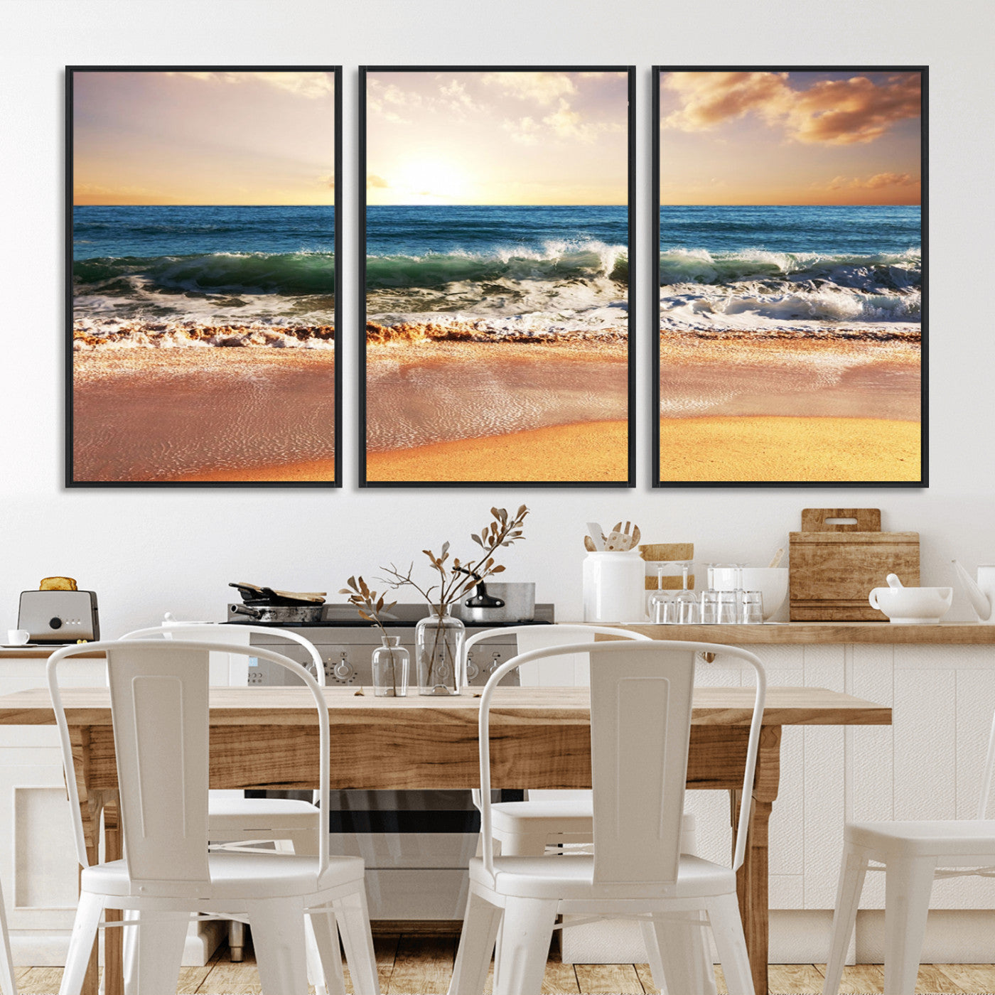 79005-MGV-FC-60X30-3P_Black-Golden Sunrise Ocean Waves Wall Art – Panoramic Seashore Canvas Print, Calming Coastal Decor for Home, Office or Relaxation Space