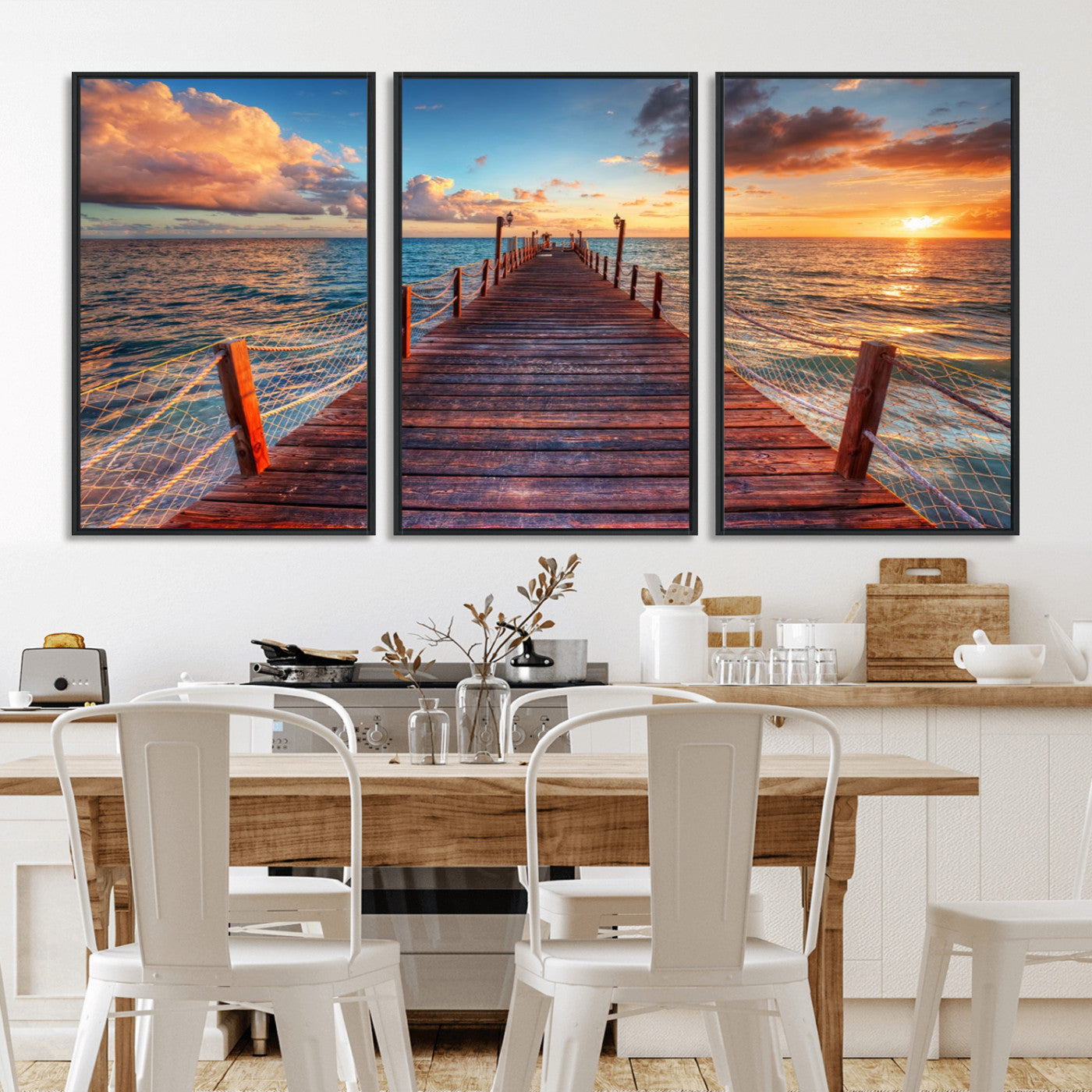 28836-MGV-FC-60X30-3P_Black-Ocean Pier Sunset Wall Art – Wooden Dock and Golden Horizon Canvas Print, Coastal Seascape Photography for Living Room, Bedroom,