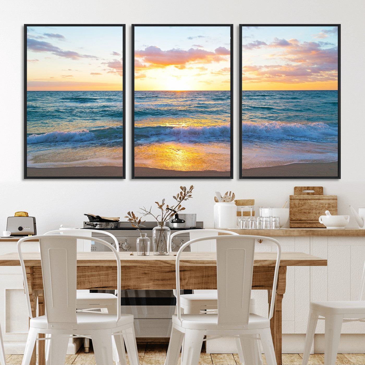 78006-MGV-FC-60X30-3P_Black-Golden Sunrise Ocean Wall Art – Panoramic Beach Waves Canvas Print, Coastal Seascape Artwork for Living Room, Bedroom, Office, or