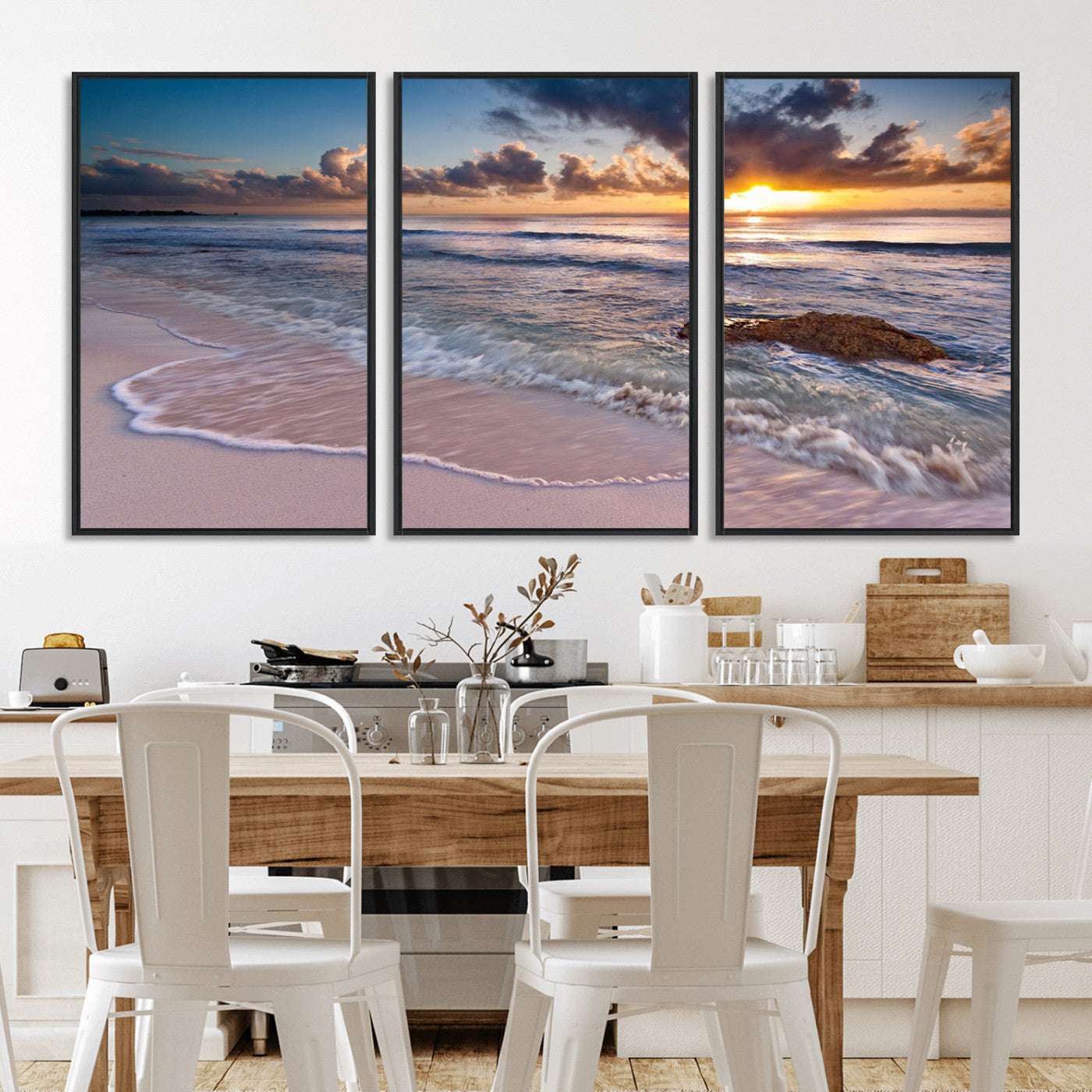 94906-MGV-FC-60X30-3P_Black-Sunrise Beach Wall Art – Panoramic Ocean Waves Canvas Print, Coastal Sunset Seascape Artwork for Living Room, Bedroom, or Office