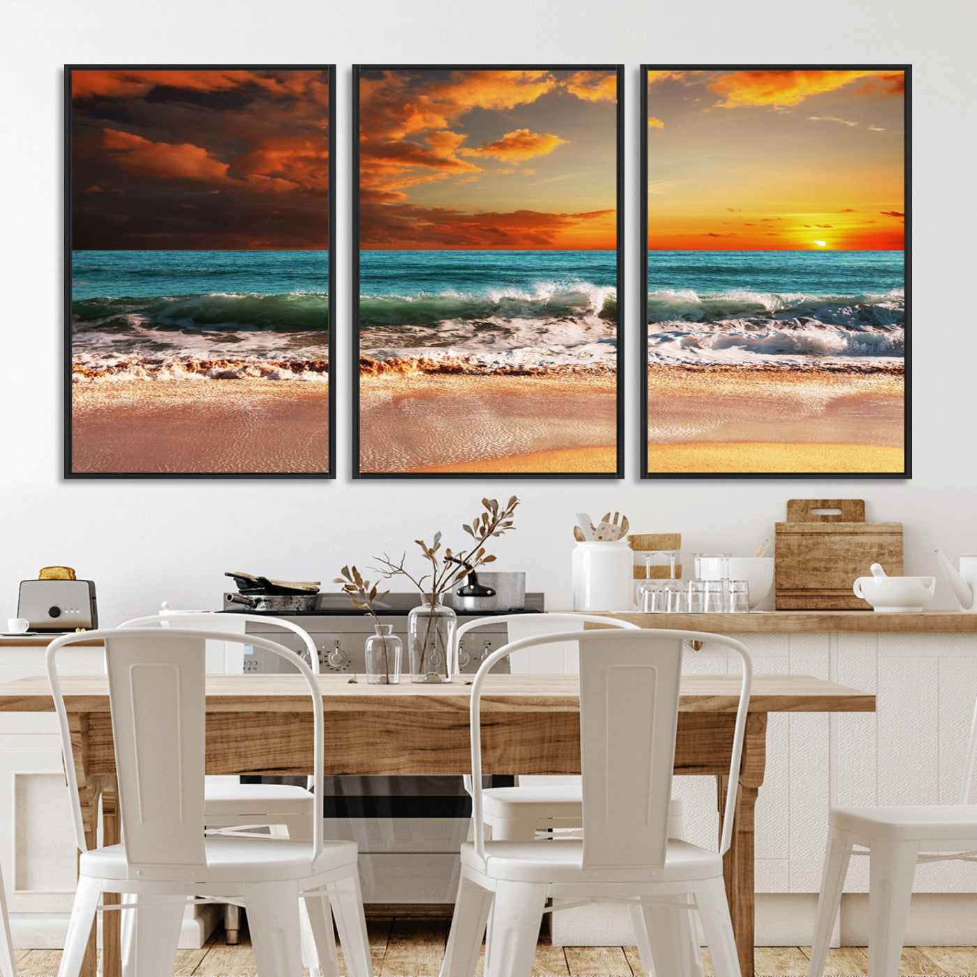 72948-MGV-FC-60X30-3P_Black-Ocean Sunset Wave Wall Art – Dramatic Seascape Canvas Print with Golden Sky and Crashing Waves, Coastal Beach Decor for Living