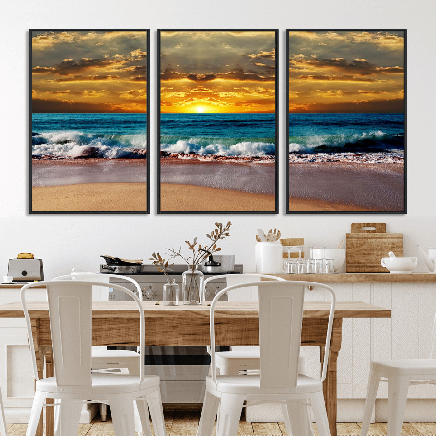 83389-MGV-FC-60X30-3P_Black-Ocean Sunrise Wall Art – Vibrant Beach Waves Canvas Print, Coastal Seascape Decor for Living Room or Office