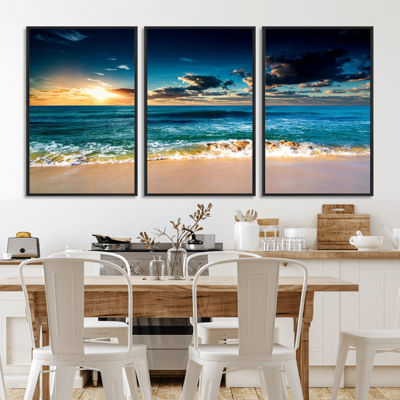 88985-MGV-FC-60X30-3P_Black-Ocean Sunset Wall Art – Tranquil Beach Waves Canvas Print, Coastal Seascape Decor for Living Room or Office