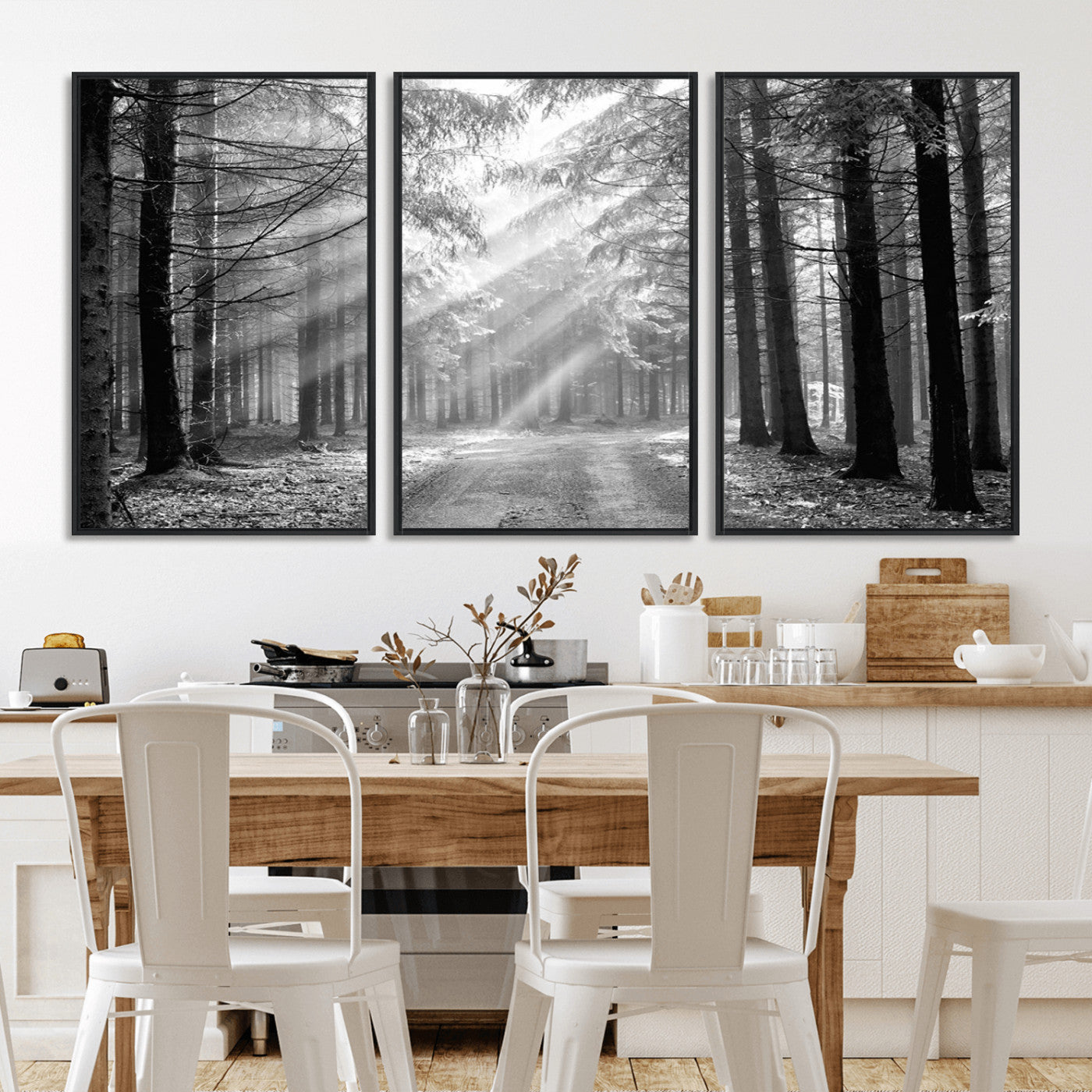 39665-MGV-FC-60X30-3P_Black-Black and White Forest Path Wall Art – Sunlight Rays in Trees Canvas Print, Nature Landscape Decor for Living Room