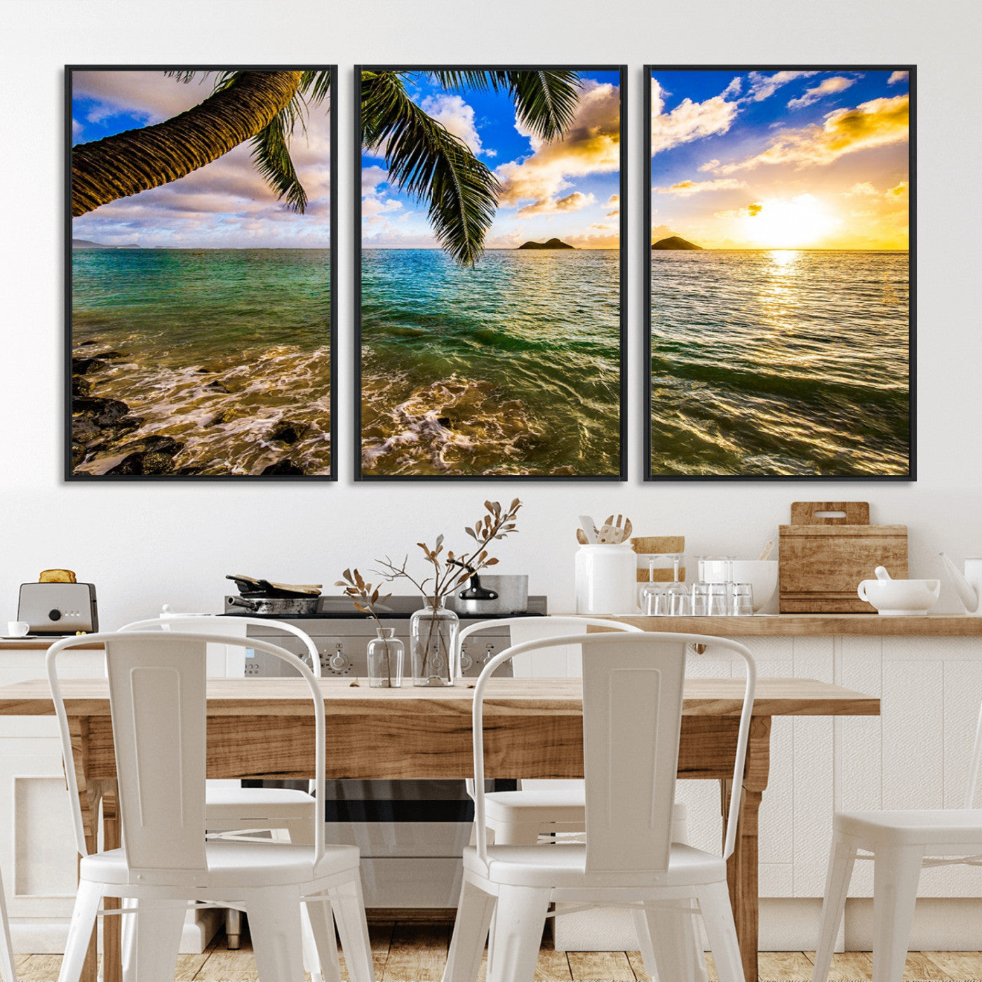 68606-MGV-FC-60X30-3P_Black-Tropical Palm Tree Ocean Wall Art – Sunset Beach Seascape Print, Coastal Paradise Decor for Living Room or Office