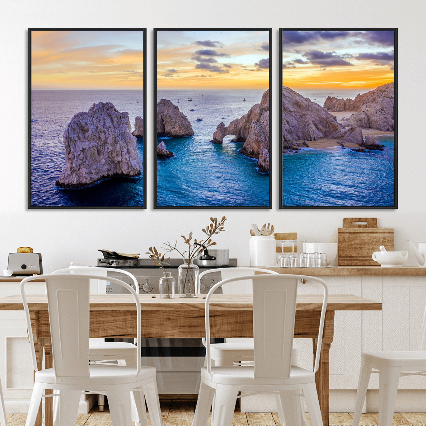 72955-MGV-FC-60X30-3P_Black-Ocean Rock Formation Wall Art – Sunset Coastal Seascape Print, Beach Landscape Decor for Living Room or Office