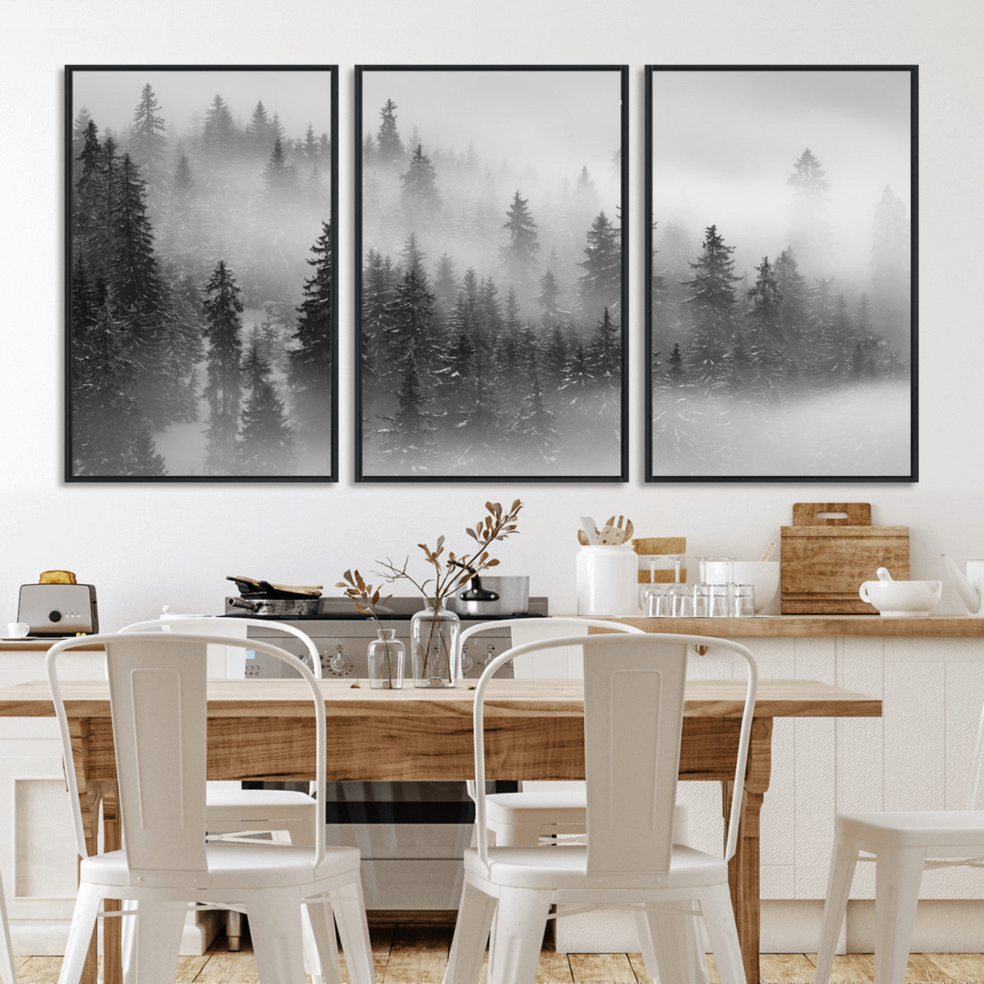 57235-MGV-FC-60X30-3P_Black-Misty Pine Forest Wall Art – Black and White Mountain Landscape Canvas Print, Nature Woodland Decor for Living Room, Bedroom or