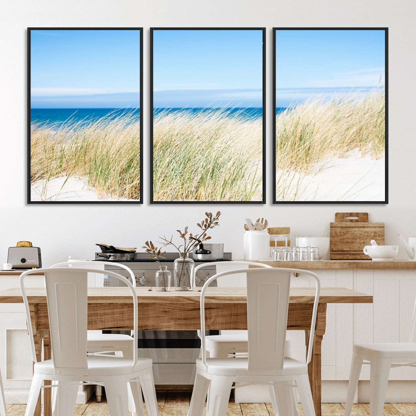 96913-MGV-FC-60X30-3P_Black-Coastal Dunes Wall Art – Serene Beach Grass and Blue Ocean Canvas Print, Relaxing Seaside Nature Decor for Living Room, Bedroom or