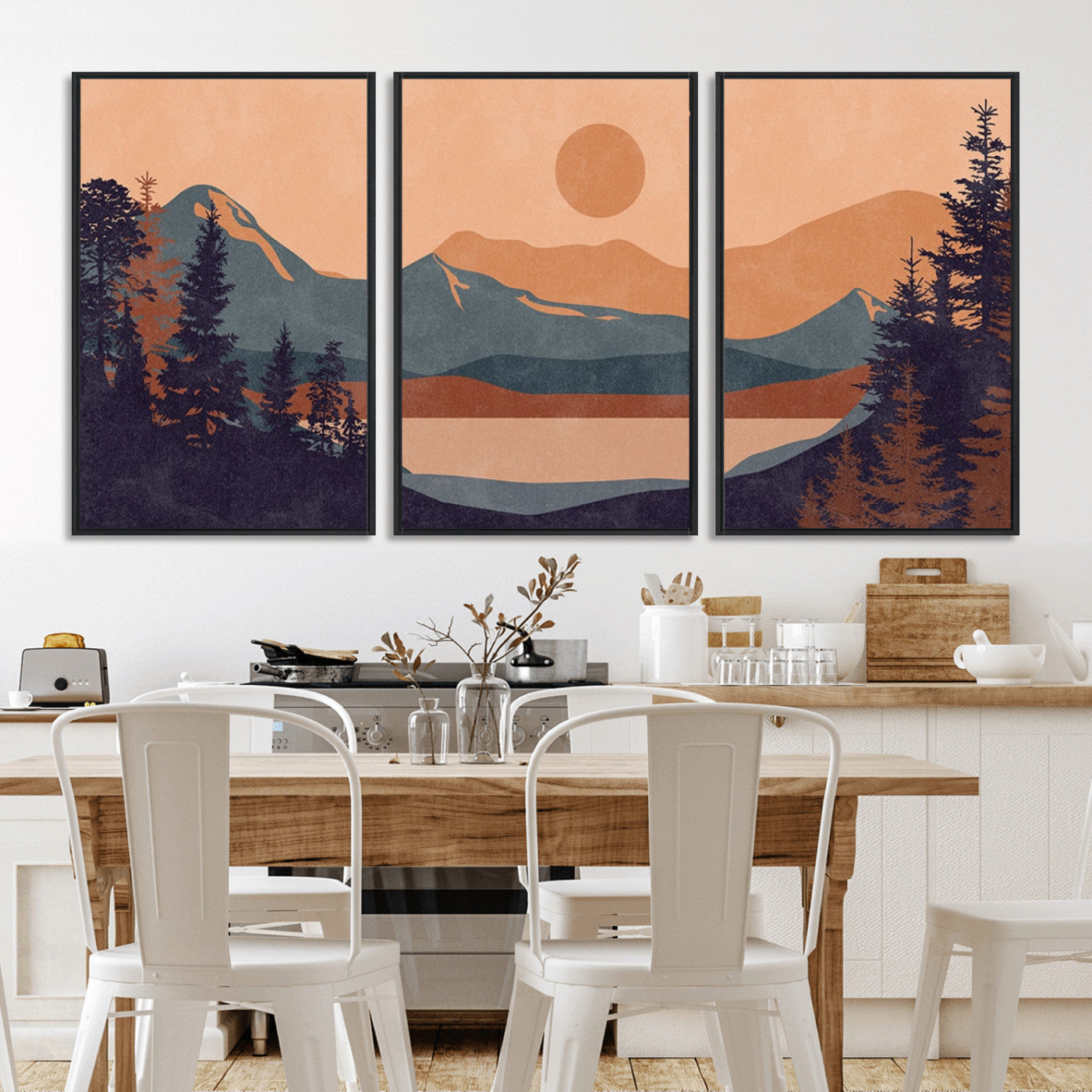 62795-MGV-FC-60X30-3P_Black-Minimalist Mountain Landscape Wall Art – Abstract Sunset Over Peaks and Pine Trees Canvas Print, Modern Nature Decor for Living