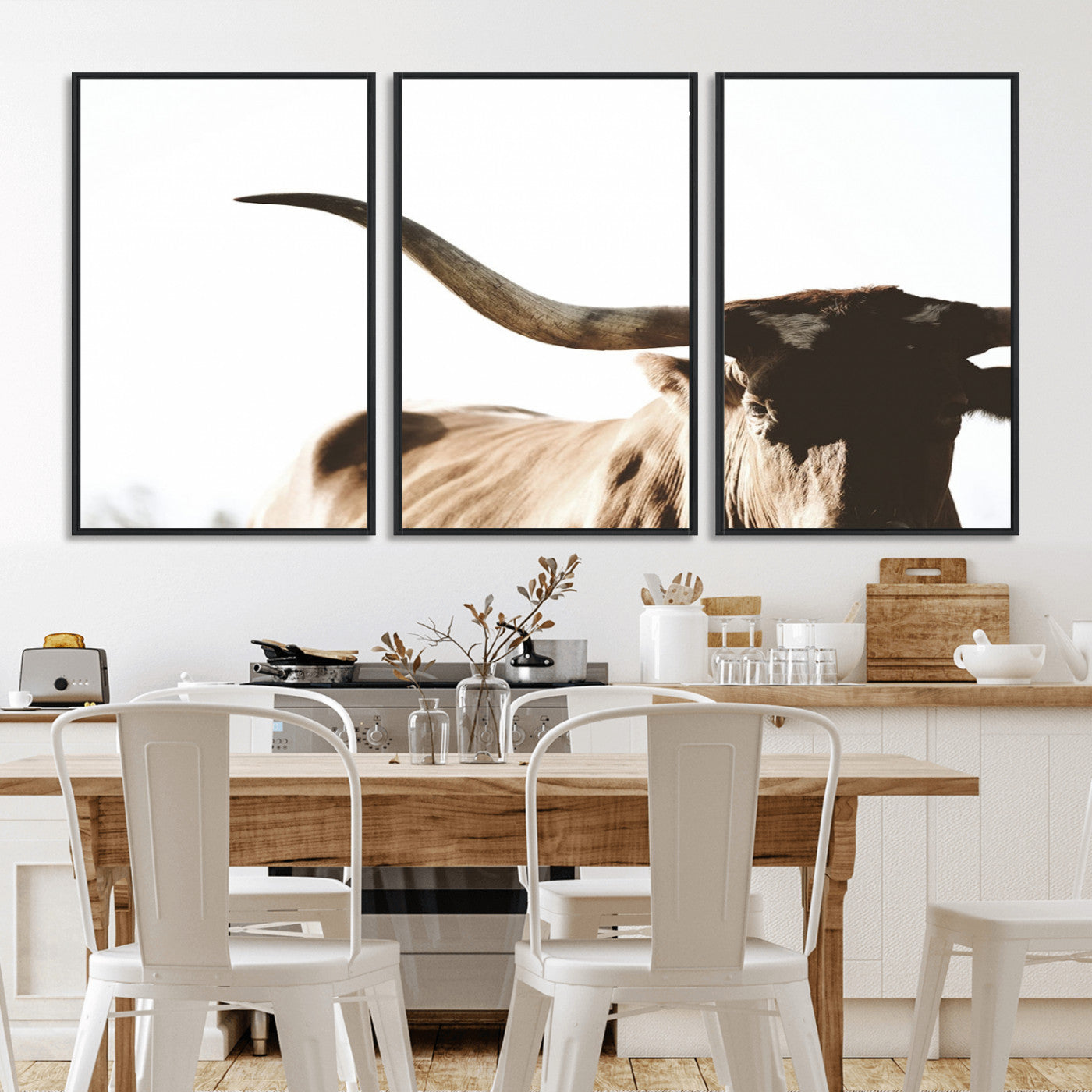 35866-MGV-FC-60X30-3P_Black-Texas Longhorn Wall Art – Rustic Western Bull Canvas Print, Farmhouse Animal Photography Decor for Living Room, Office, or Ranch