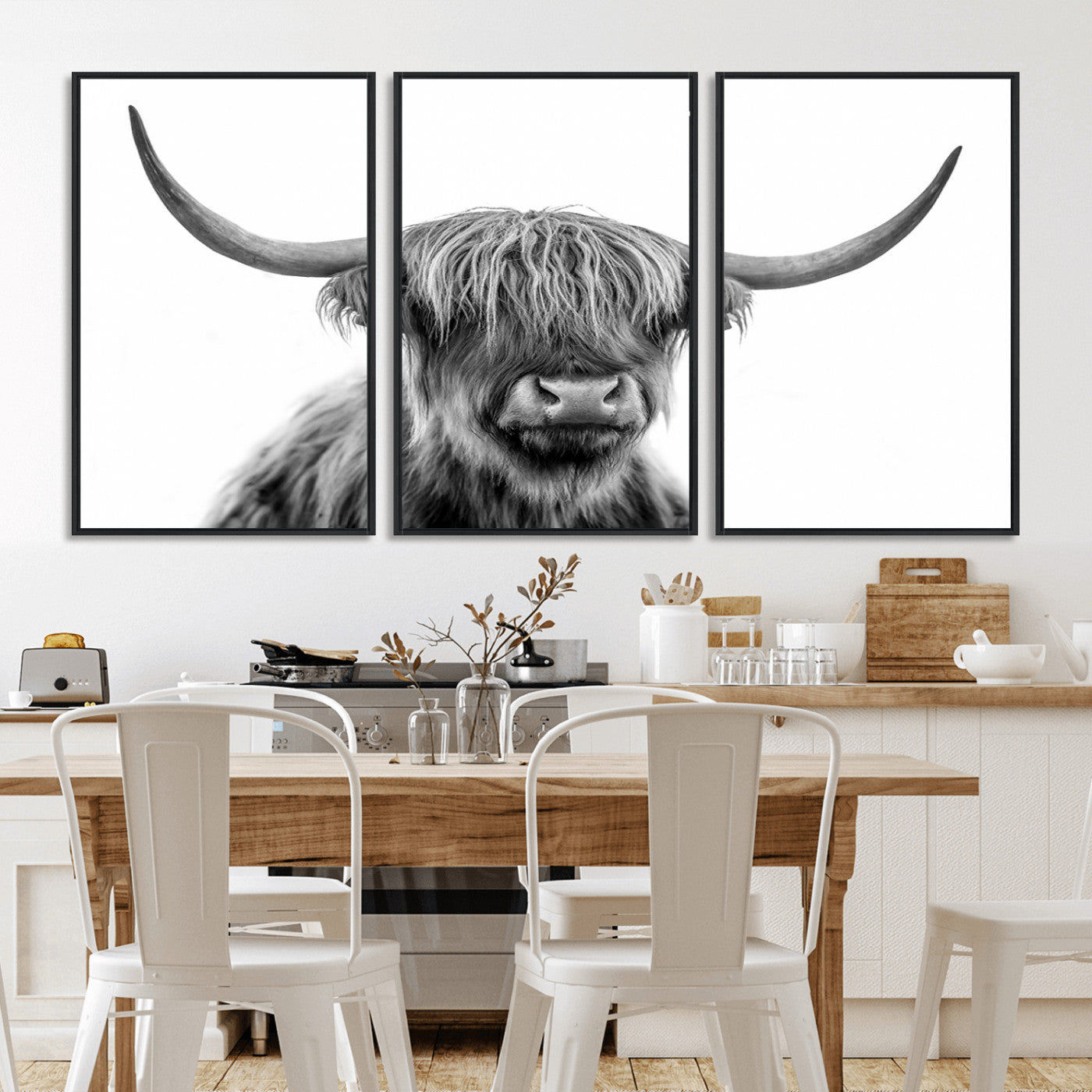 10123-MGV-FC-60X30-3P_Black-Black and White Highland Cow Wall Art – Modern Farmhouse Animal Print, Rustic Scottish Bull Canvas Decor for Living Room, Bedroom,