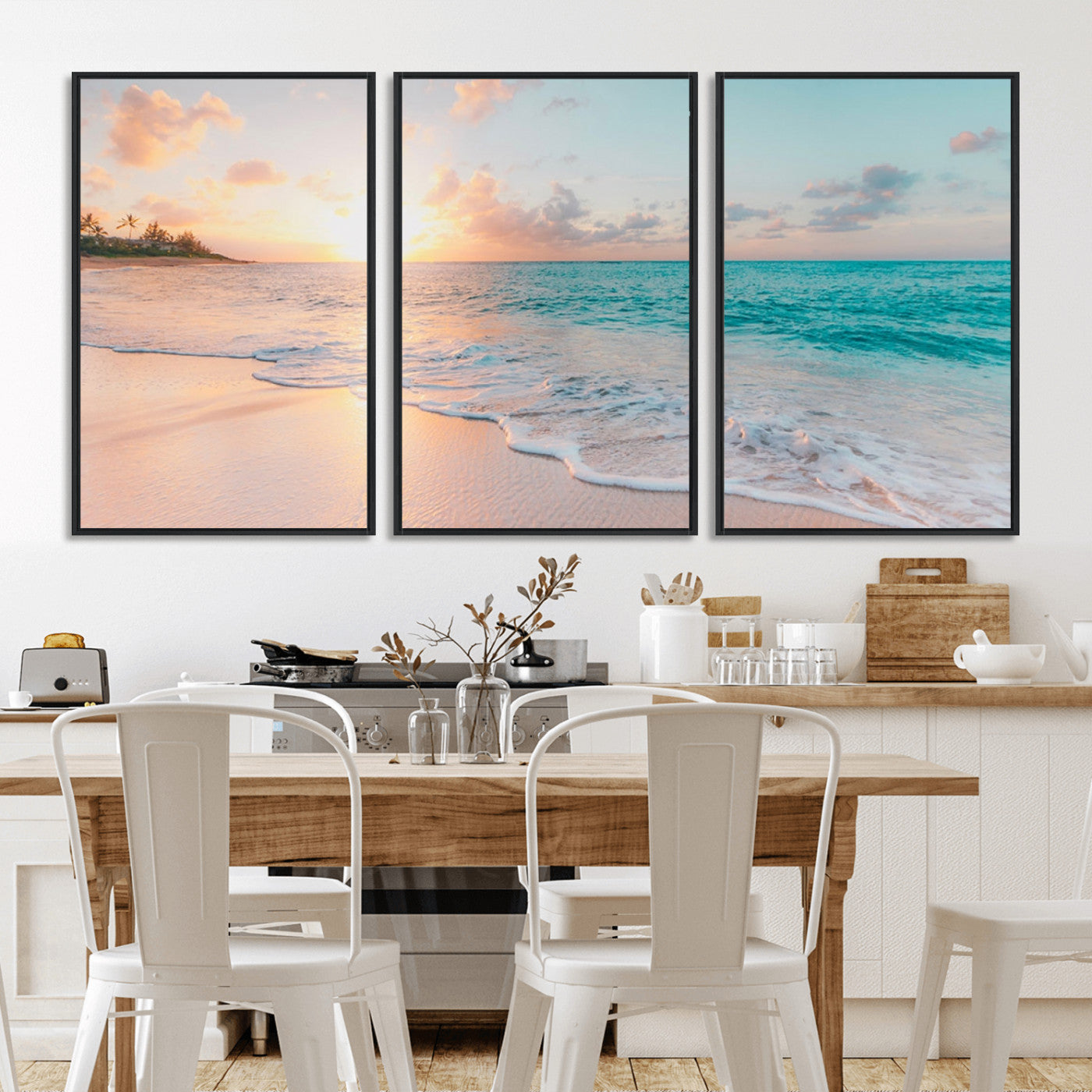 36554-MGV-FC-60X30-3P_Black-Tropical Beach Sunset Wall Art – Ocean Waves and Palm Canvas Print, Coastal Seascape Photography Decor for Living Room, Bedroom,