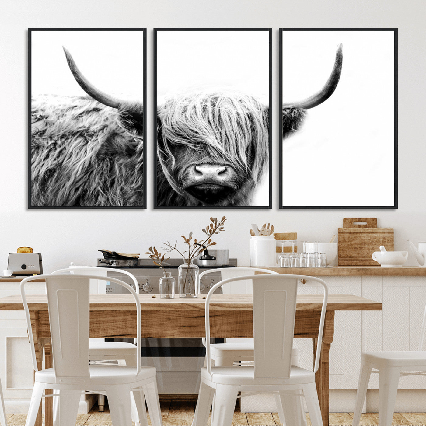 51957-MGV-FC-60X30-3P_Black-Highland Cow Wall Art – Black and White Scottish Highland Bull Canvas Print, Rustic Farmhouse Animal Decor for Living Room,