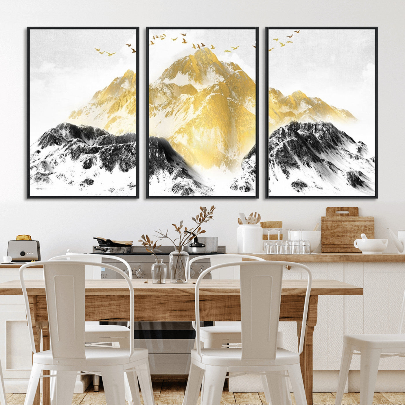 37733-MGV-FC-60X30-3P_Black-Golden Mountain Wall Art – Modern Abstract Landscape Canvas Print with Birds, Luxury Nature Decor for Living Room, Bedroom, or