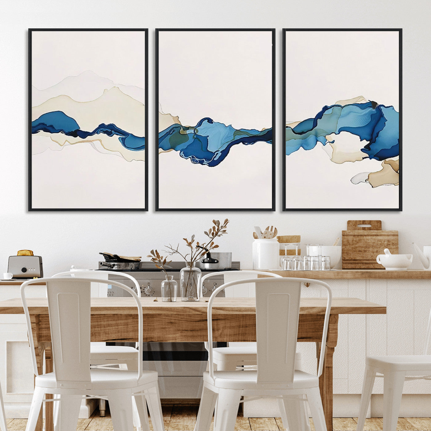 95528-MGV-CV-60X30-3P-Abstract Blue Wave Wall Art – Modern Ocean Inspired Canvas Print, Minimalist Fluid Painting for Living Room, Bedroom or Office