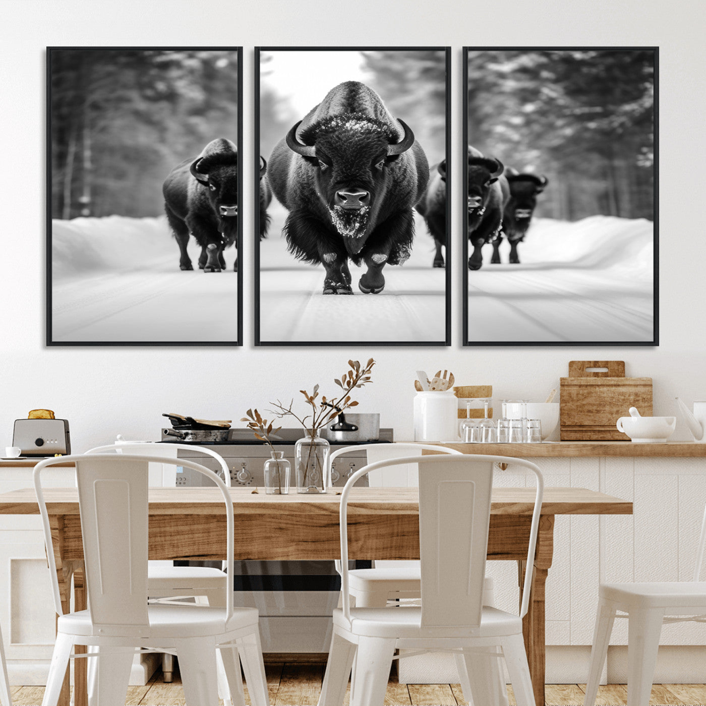 45287-MGV-CV-36X24-Bison Herd Wall Art – Black and White Buffalo Snow Road Canvas Print, Rustic Wildlife Decor for Cabin, Lodge or Living Room