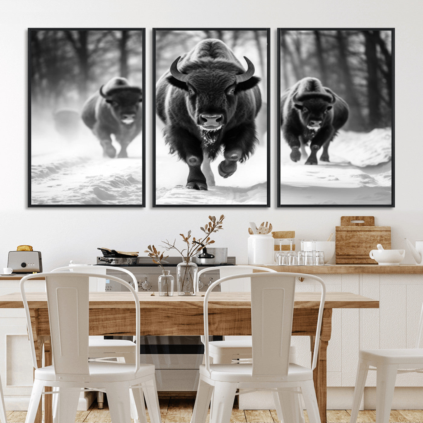 97552-MGV-FC-60X30-3P_Black-Black and White Bison Wall Art – Buffalo Herd Running in Snow Canvas Print, Rustic Wildlife Photography Decor for Cabin, Lodge, or