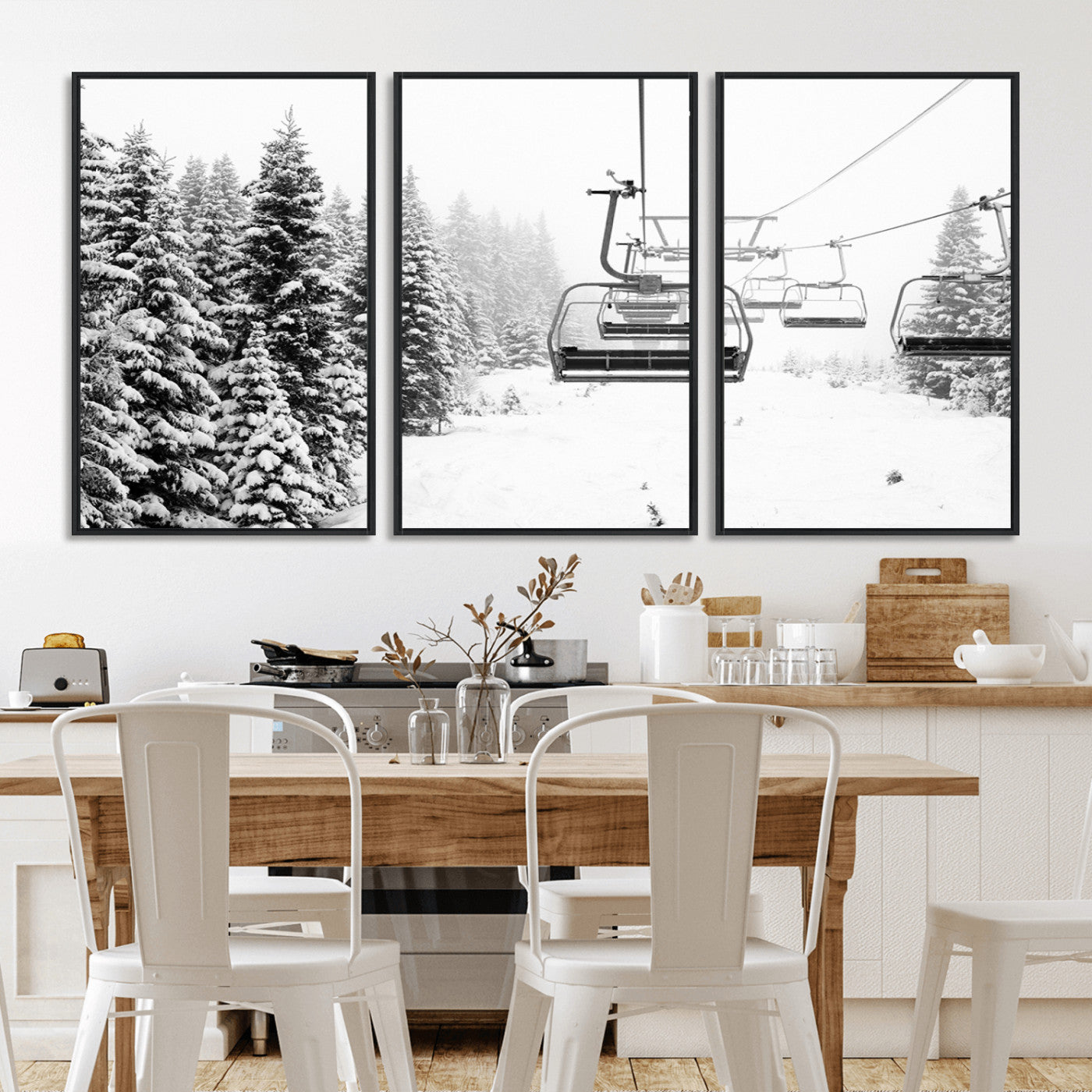 70609-MGV-CV-36X24-Snowy Ski Lift Wall Art – Black and White Winter Mountain Landscape Canvas Print, Rustic Lodge Decor for Cabin, Living Room or