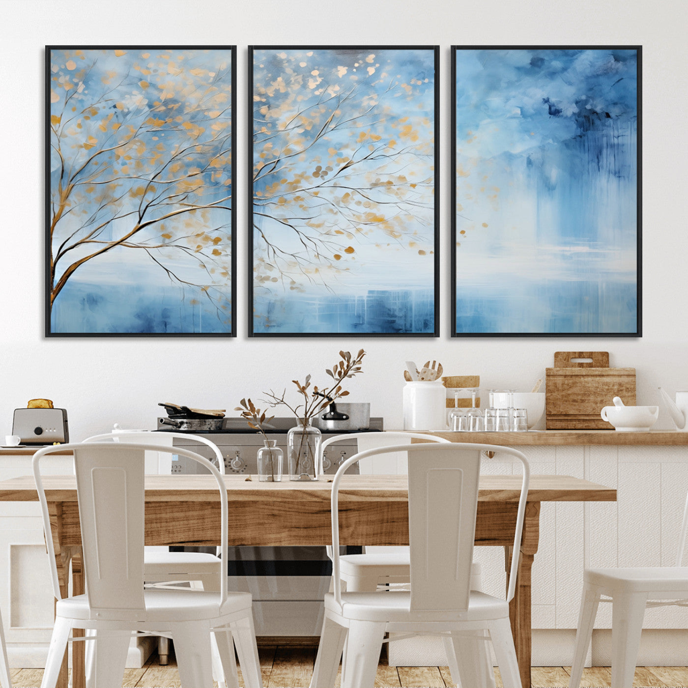 23891-MGV-CV-36X24-Abstract Tree Wall Art – Minimalist Blue and Gold Canvas Painting, Elegant Nature-Inspired Artwork for Living Room, Bedroom or