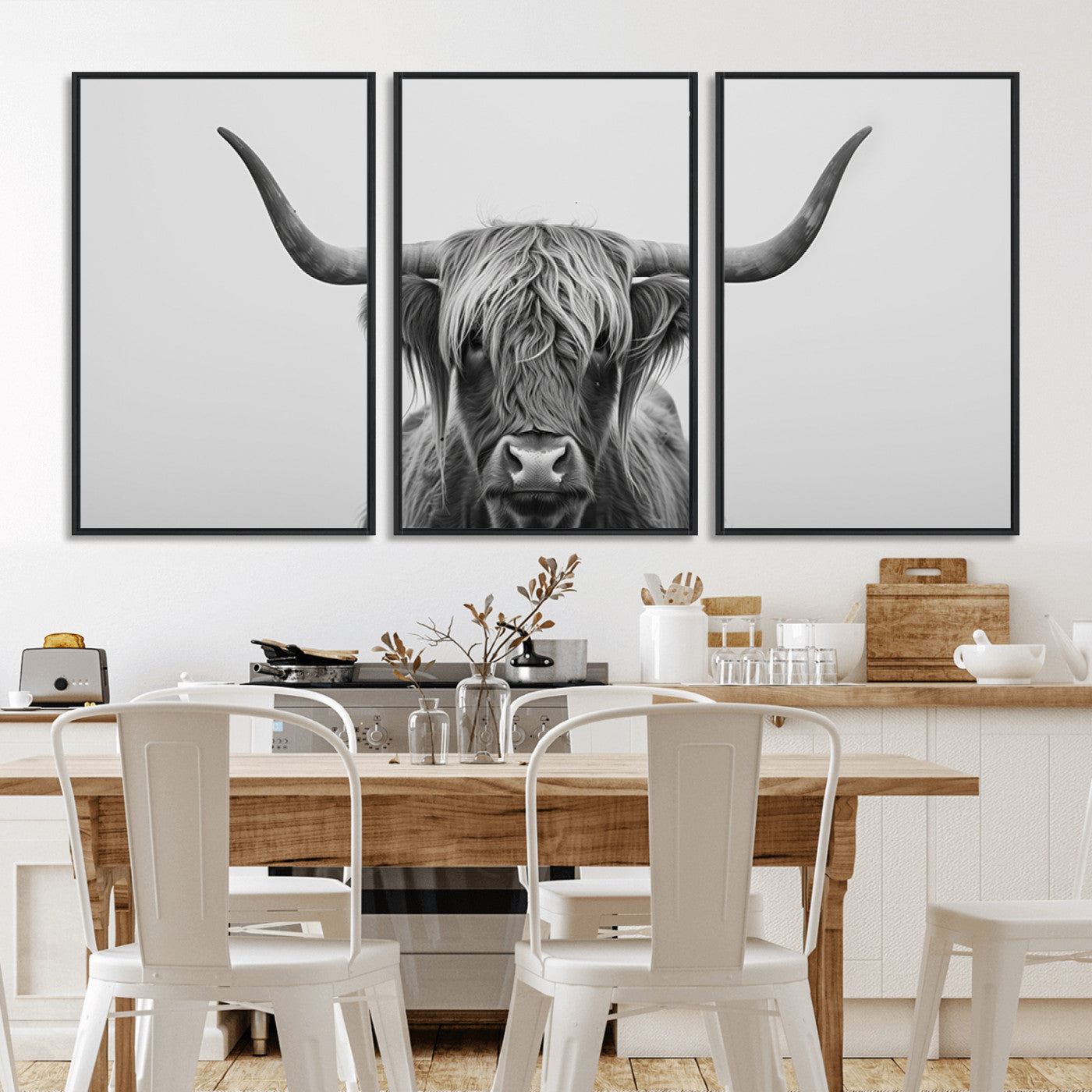 35820-MGV-CV-36X24-Minimalist Highland Cow Wall Art – Black and White Longhorn Cattle Canvas Print, Modern Farmhouse Animal Photography Decor for