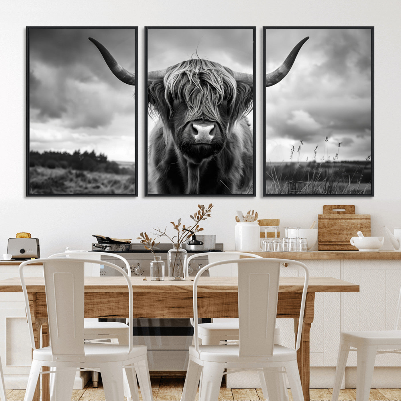 17924-MGV-CV-36X24-Highland Cow Wall Art – Black and White Rustic Longhorn Cattle Canvas Print, Farmhouse Animal Photography Decor for Country Home