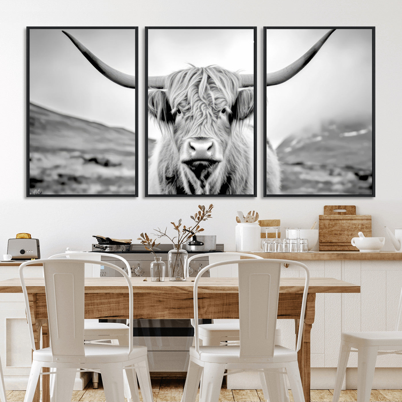 80564-MGV-CV-36X24-Highland Cow Wall Art – Black and White Scottish Highland Canvas Print, Rustic Farmhouse Decor for Living Room, Bedroom or Office