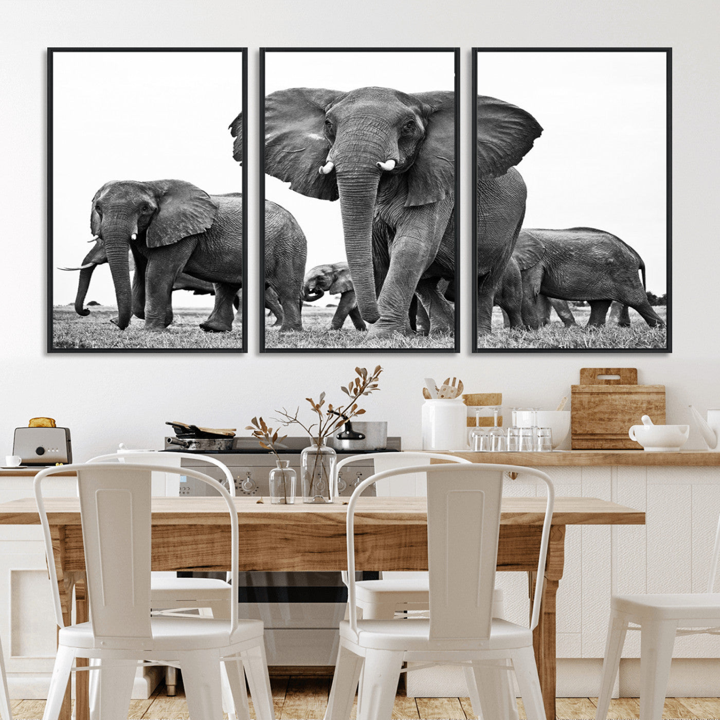 91685-MGV-CV-36X24-Elephant Herd Wall Art – Black and White Safari Canvas Print, African Wildlife Photography Decor for Living Room, Office or