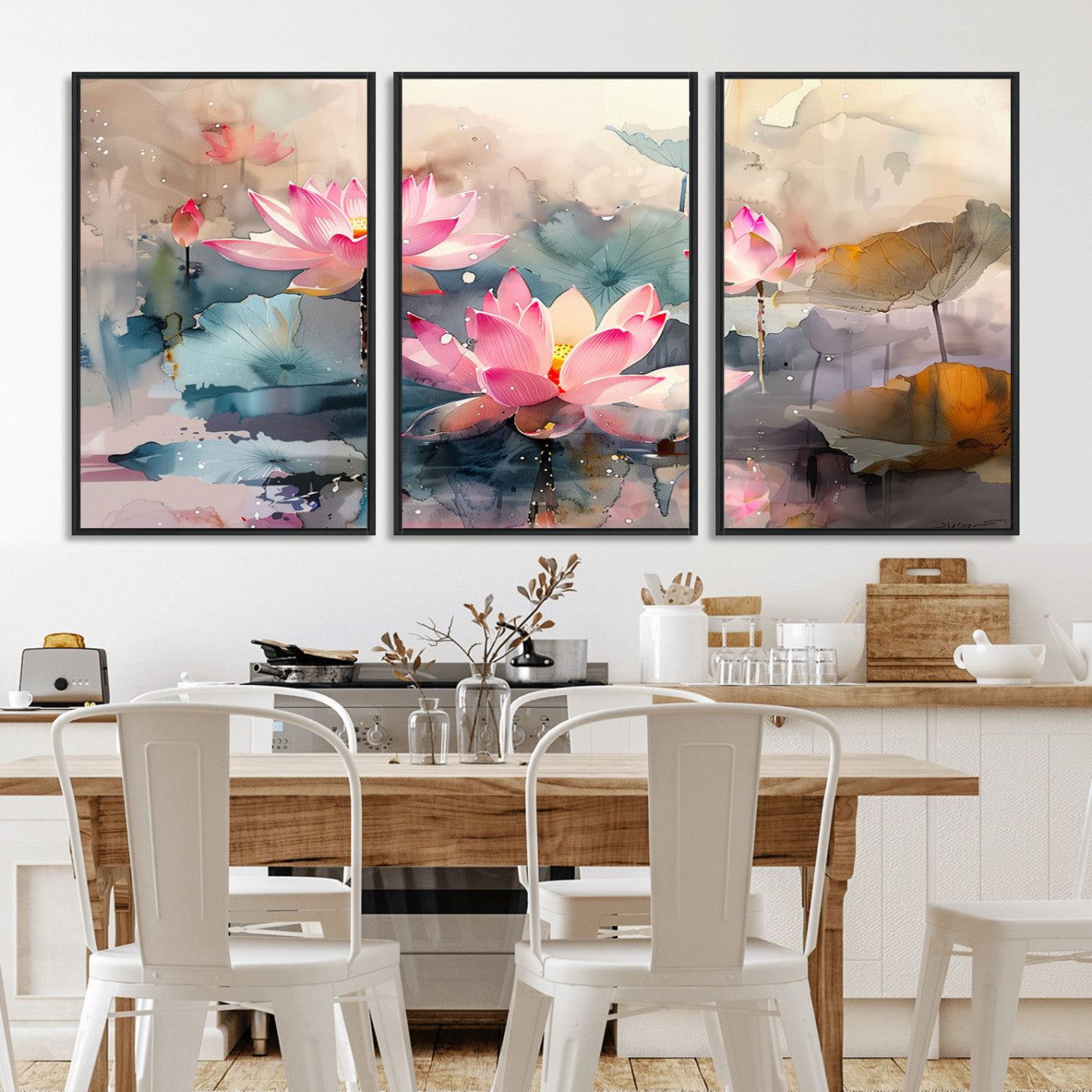 27936-MGV-FC-60X30-3P_Black-Lotus Pond Wall Art – Watercolor Pink Lotus Flowers Canvas Print, Tranquil Botanical Artwork for Bedroom, Living Room or
