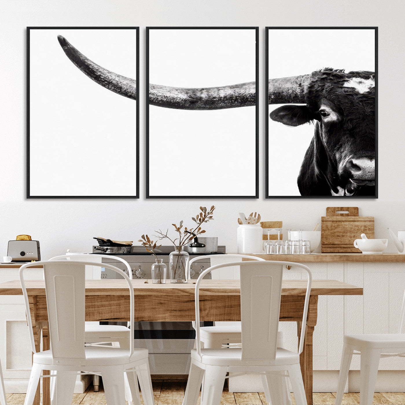 31699-MGV-CV-36X24-Longhorn Wall Art – Black and White Texas Longhorn Cow Canvas Print, Rustic Western Farmhouse Artwork for Living Room, Bedroom or