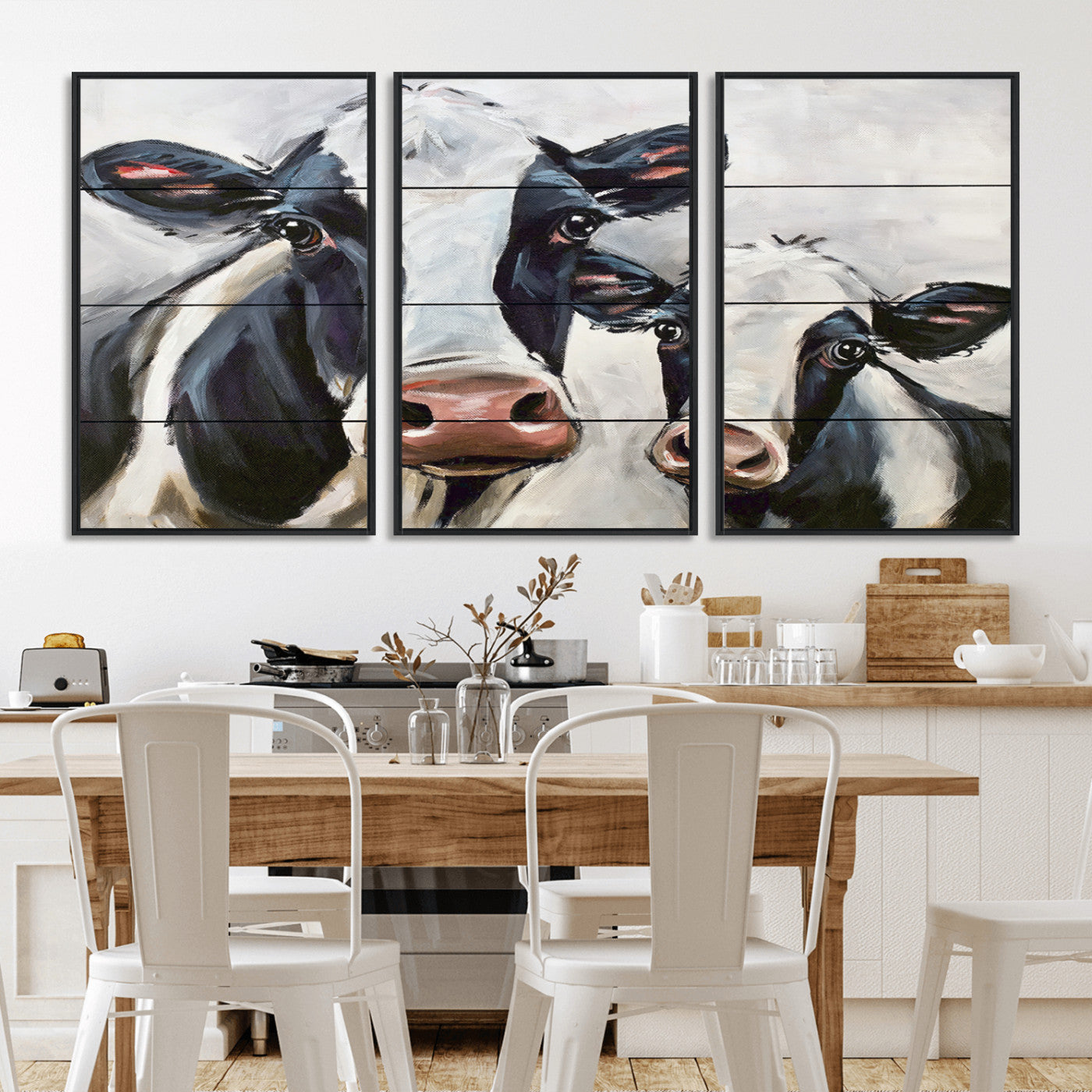 28934-MGV-FC-60X30-3P_Black-Farmhouse Cow Wall Art – Rustic Black and White Dairy Cattle Canvas Print, Country Barn Animal Painting for Kitchen, Living Room