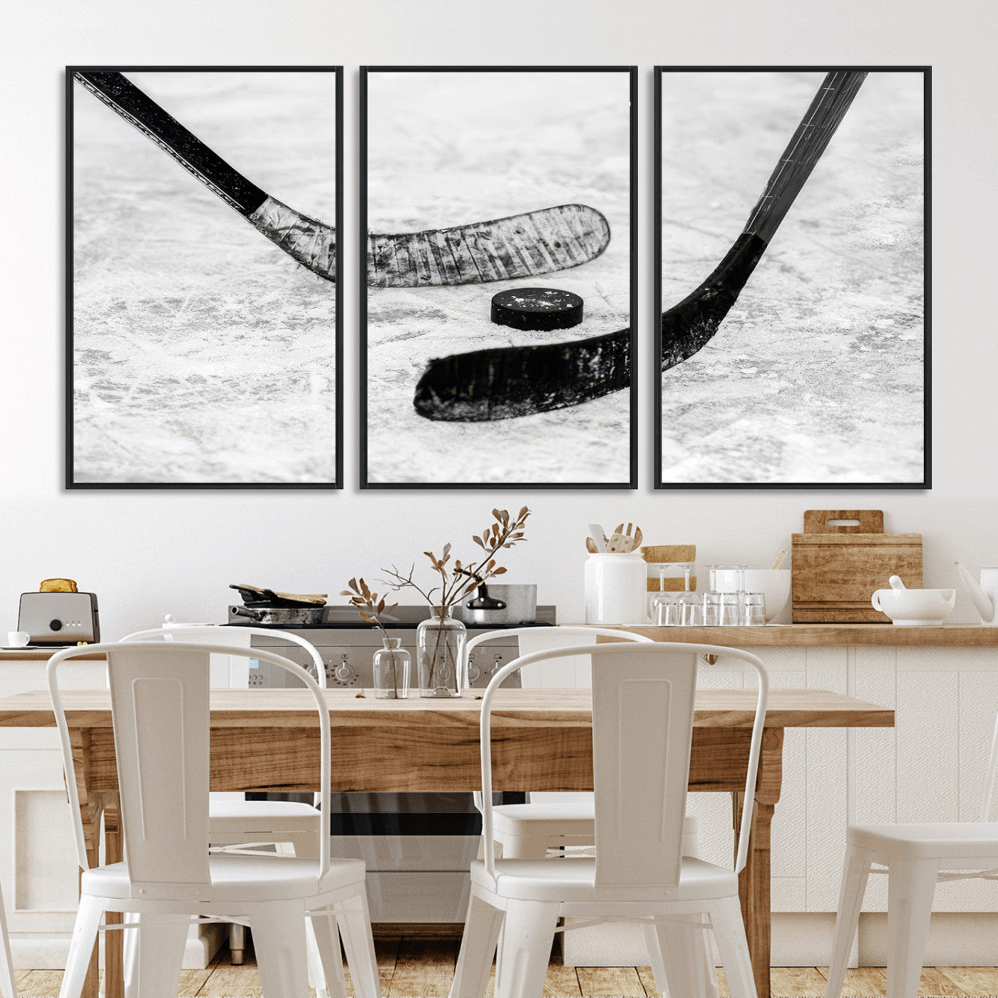 82900-MGV-FC-60X30-3P_Black-Hockey Wall Art – Black and White Canvas Print Ice Rink Sticks Puck Sports Photography, Modern Decor for Game Room, Man Cave,