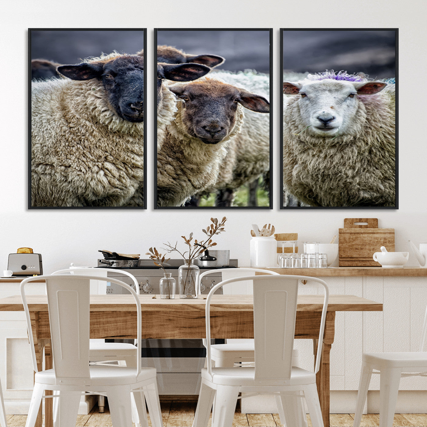18418-MGV-FC-60X30-3P_Black-Sheep Wall Art Canvas Print, Framed Farmhouse Sheep Art Picture Print, Sheep Herd Perfect Rustic Farmhouse Decor Artwork