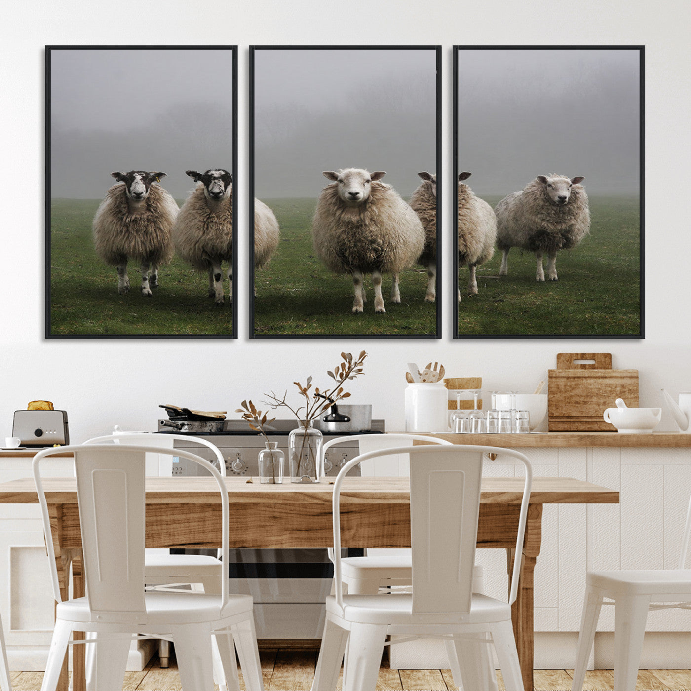 87339-MGV-FC-60X30-3P_Black-Sheep Wall Art – Rustic Farmhouse Canvas Print Flock Standing Misty Field Countryside Photography, Country Animal Decor for Living