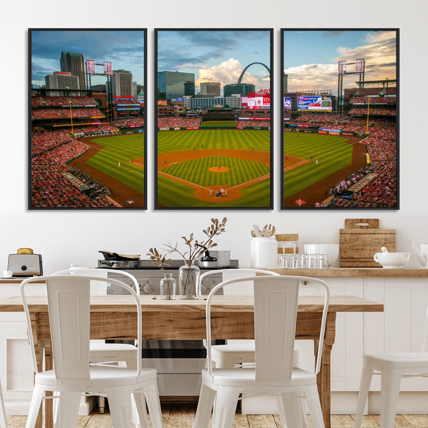 91908-MGV-FC-60X30-3P_Black-Baseball Stadium Wall Art – Canvas Print Game Day Field City Skyline Iconic Arch Scene Sports Photography, Decor for Game Room,
